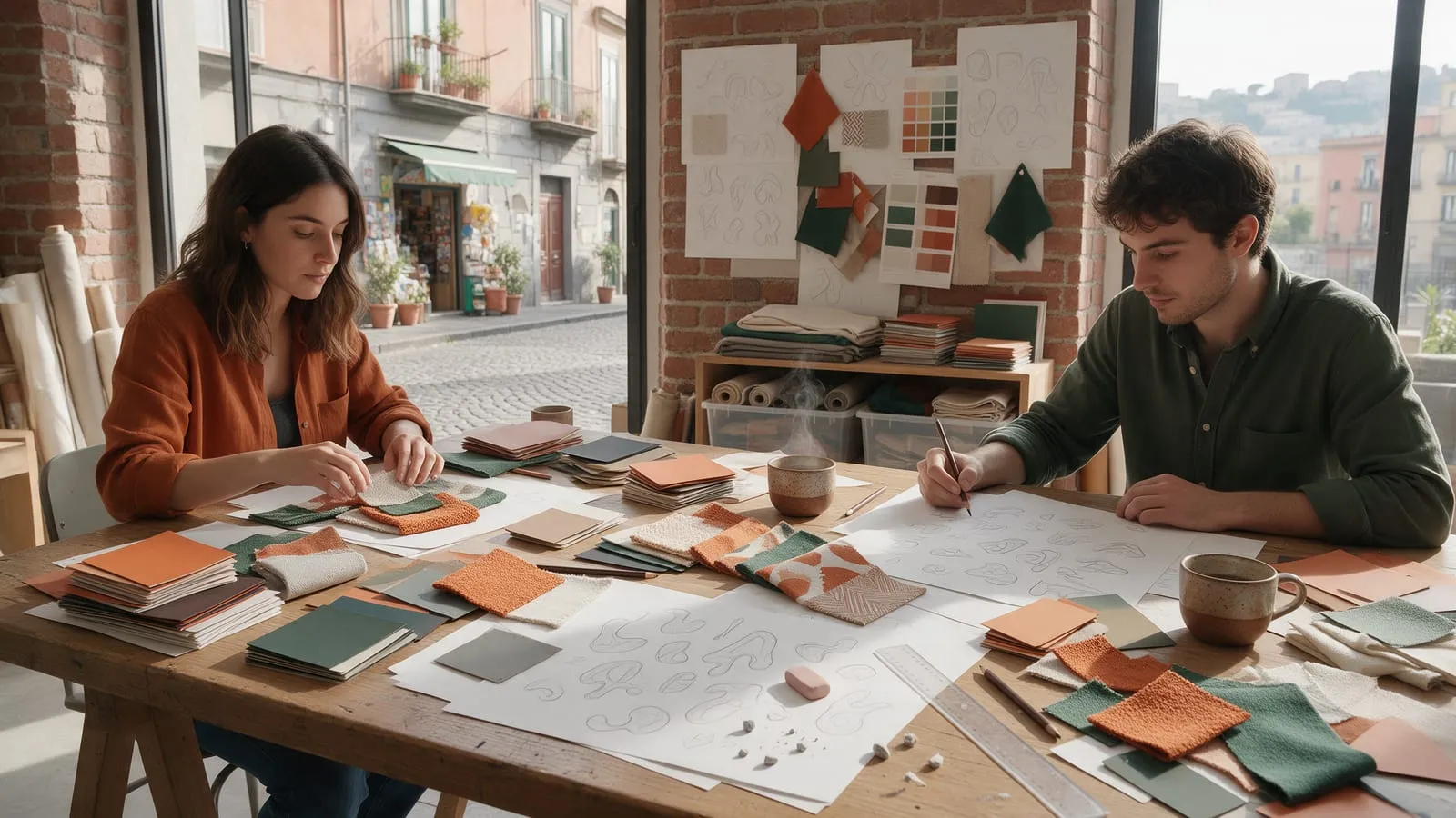 Due designer in uno studio luminoso lavorano su campioni di colore, tessuti e schizzi per l'identità di un marchio