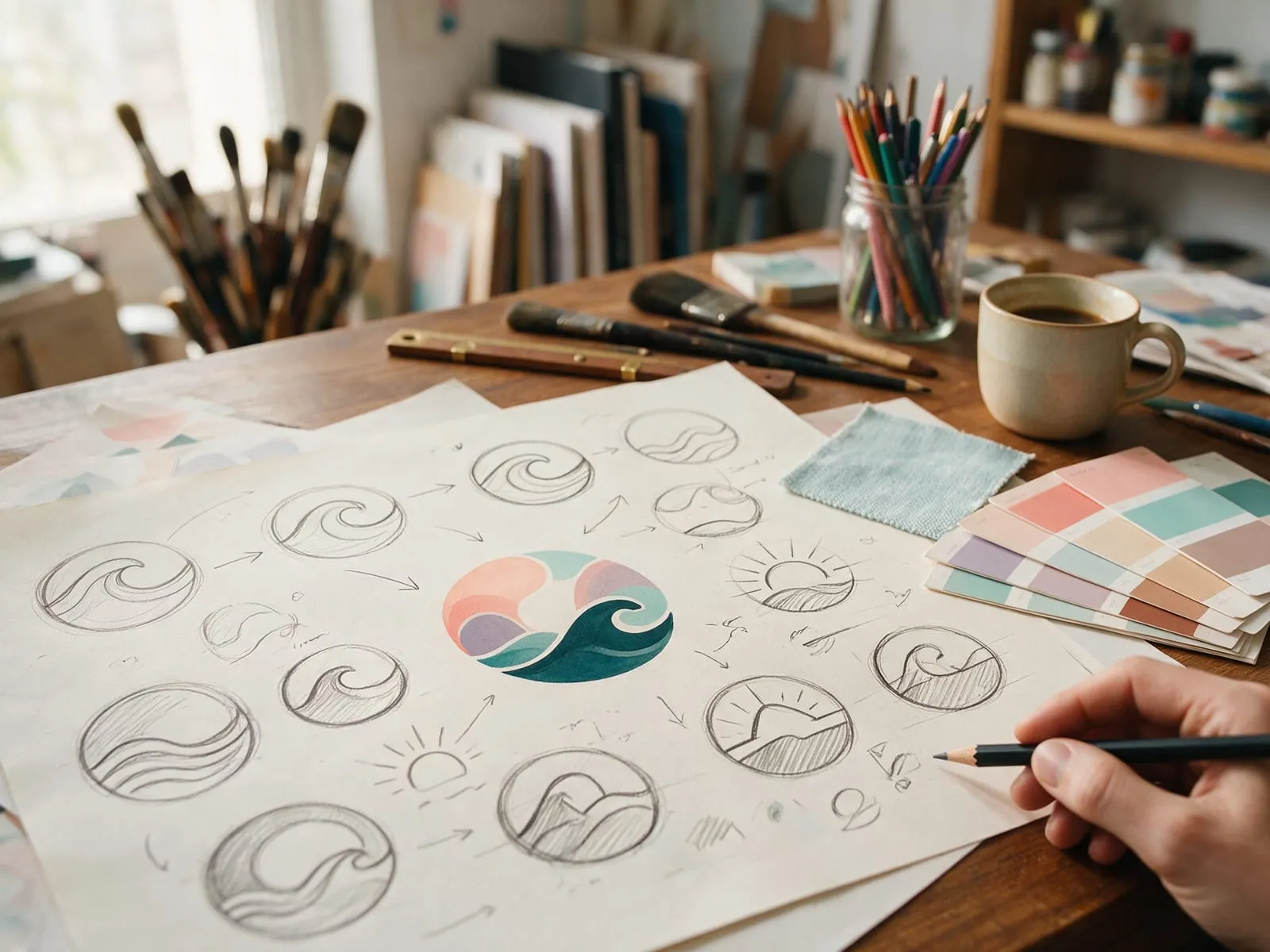 Bozze di un logo e campioni di colore sparsi su un tavolo da lavoro