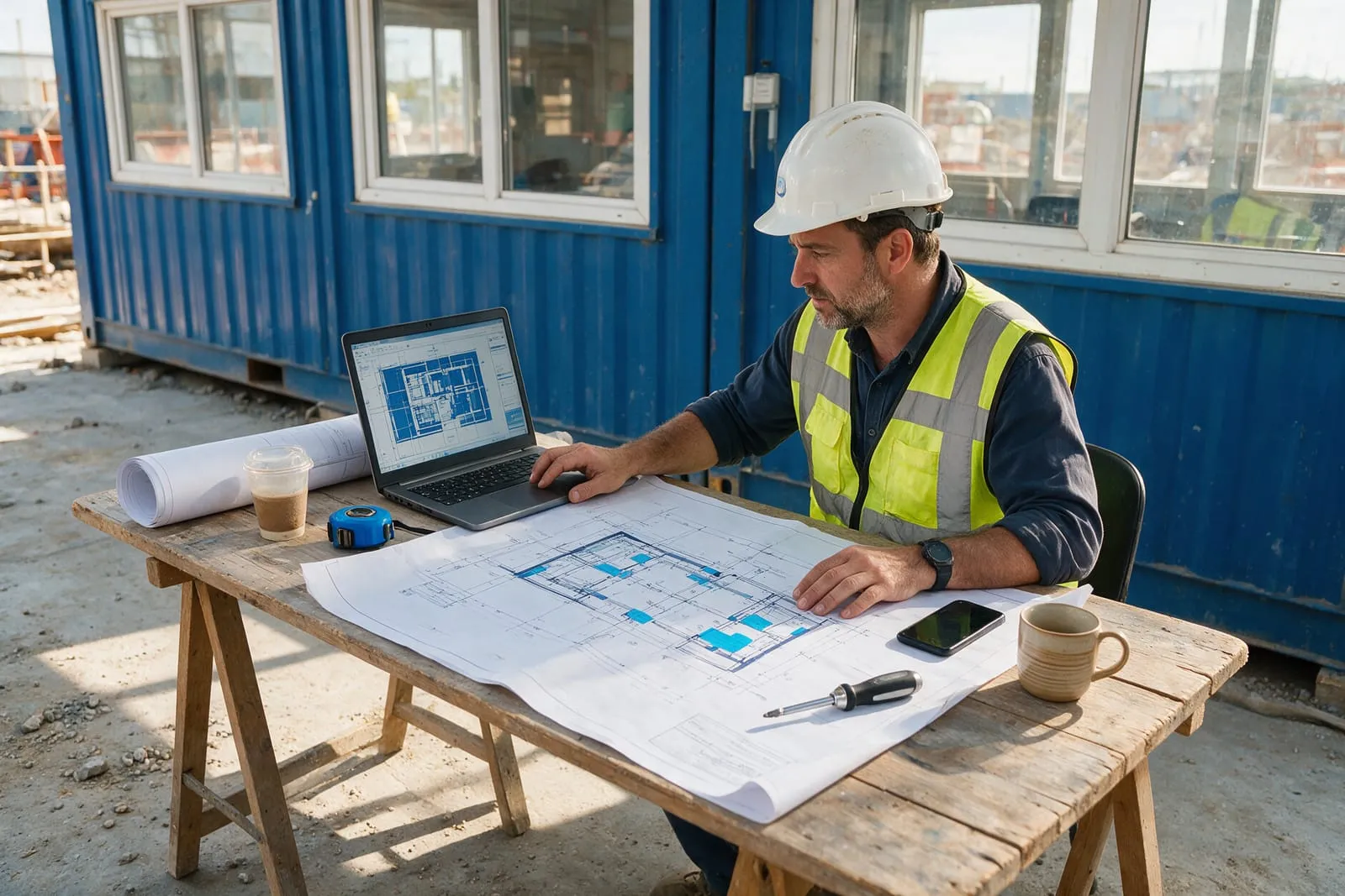 Capocantiere con elmetto e giubbotto alta visibilità consulta planimetrie e laptop nel container ufficio del cantiere