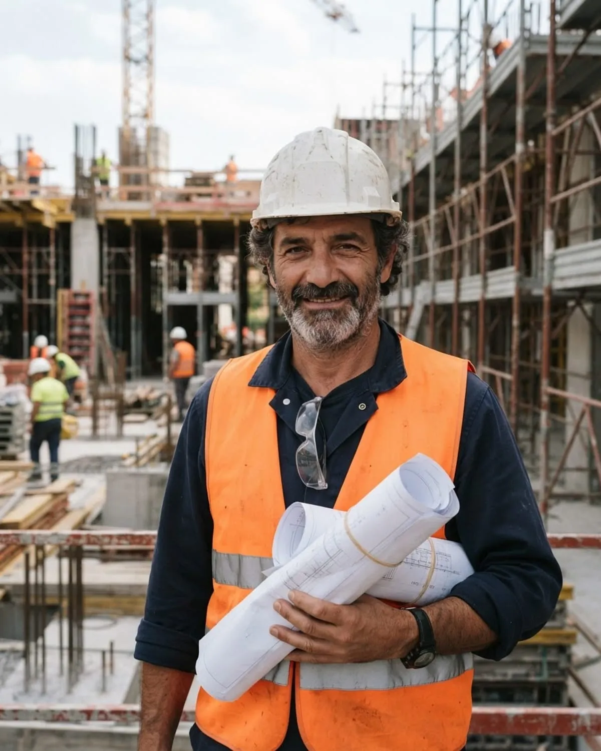 Capocantiere con casco bianco e gilet arancione che tiene in mano i progetti, ponteggi sullo sfondo