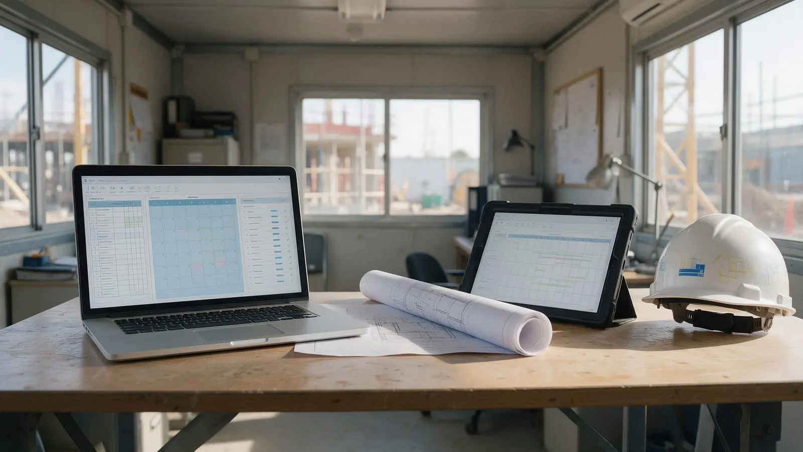 Portatile e tablet nella baracca di cantiere con gestionale fasi lavori, calendario e progetti arrotolati