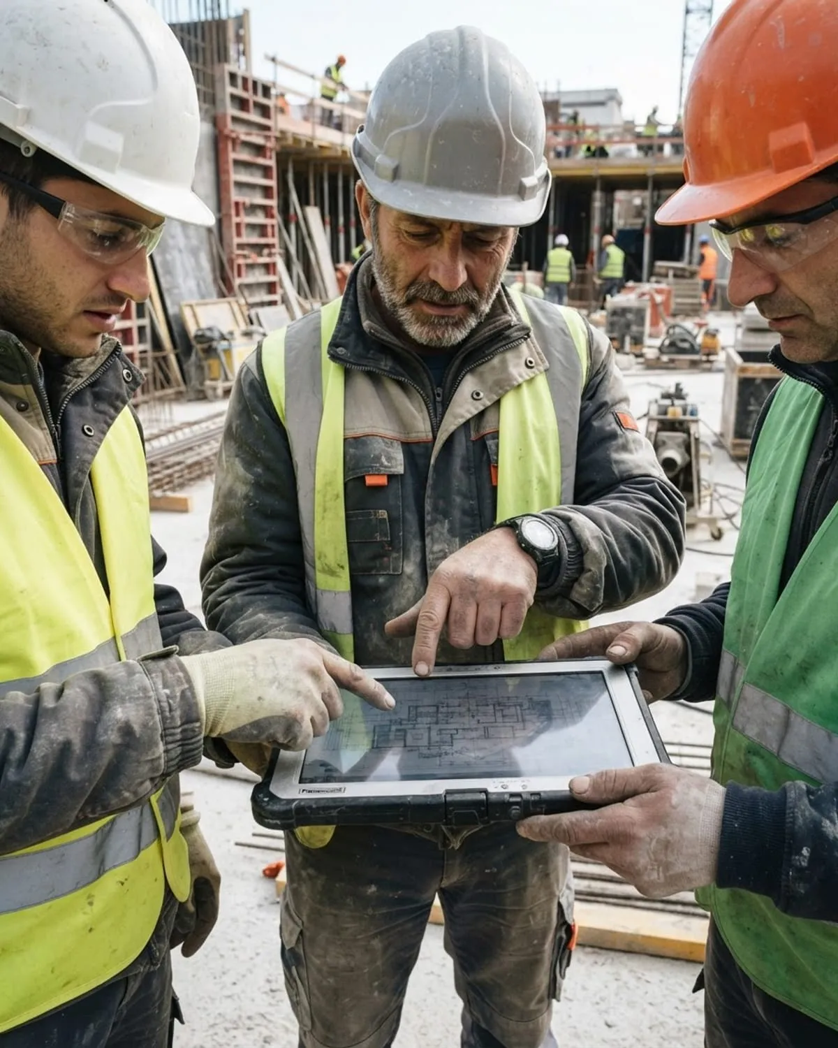 Operai e capocantiere con casco controllano insieme un progetto su un tablet in cantiere