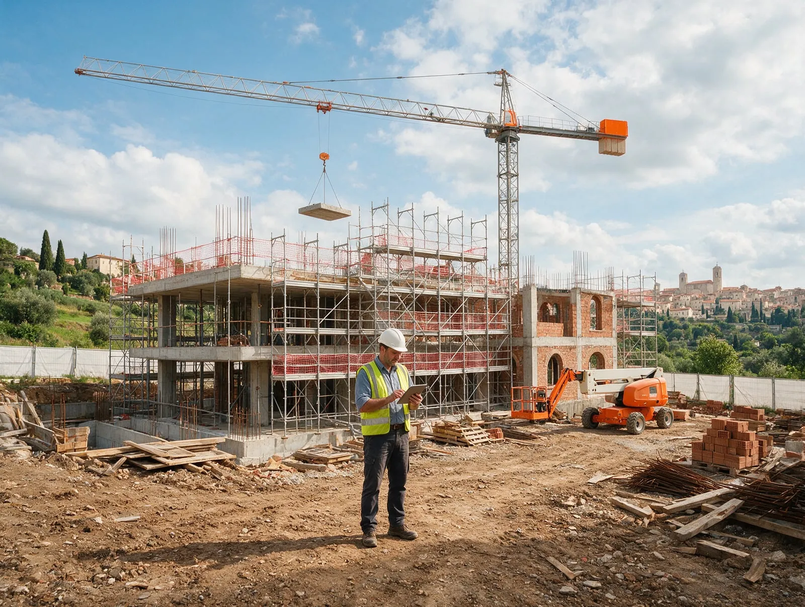 Capocantiere con caschetto e tablet in cantiere