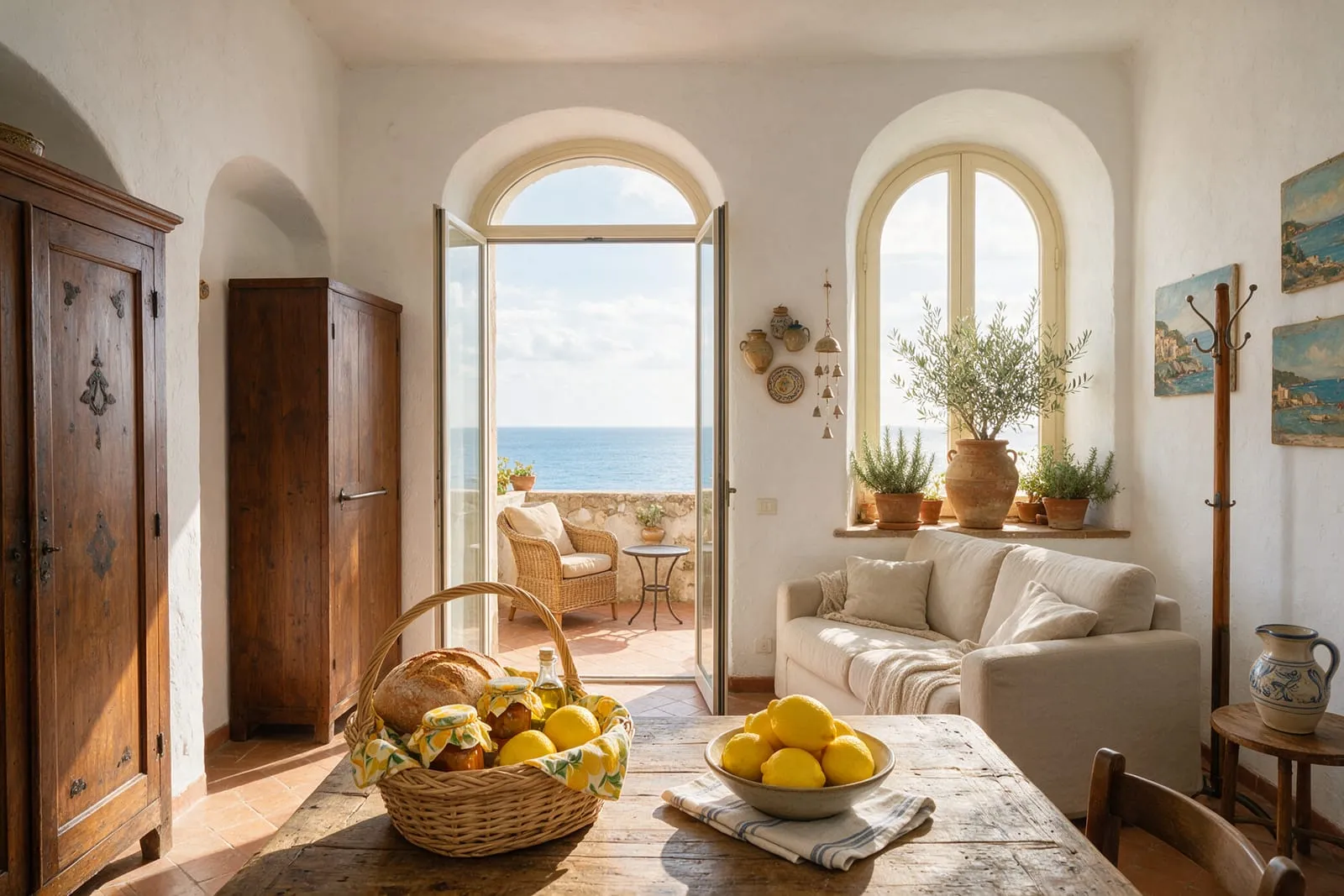 Soggiorno luminoso di una casa vacanze sul mare con cesto di benvenuto e limoni