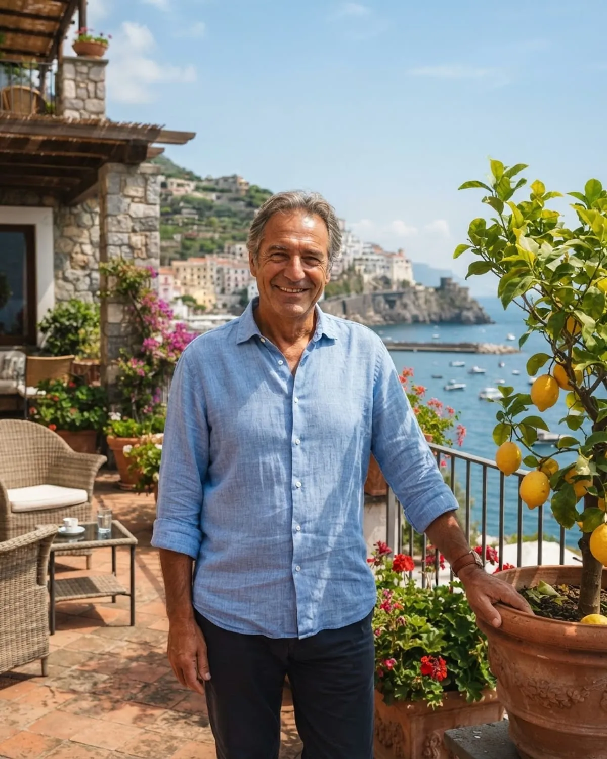 Proprietario di una casa vacanze sulla terrazza soleggiata con limoni in vaso e vista sul mare