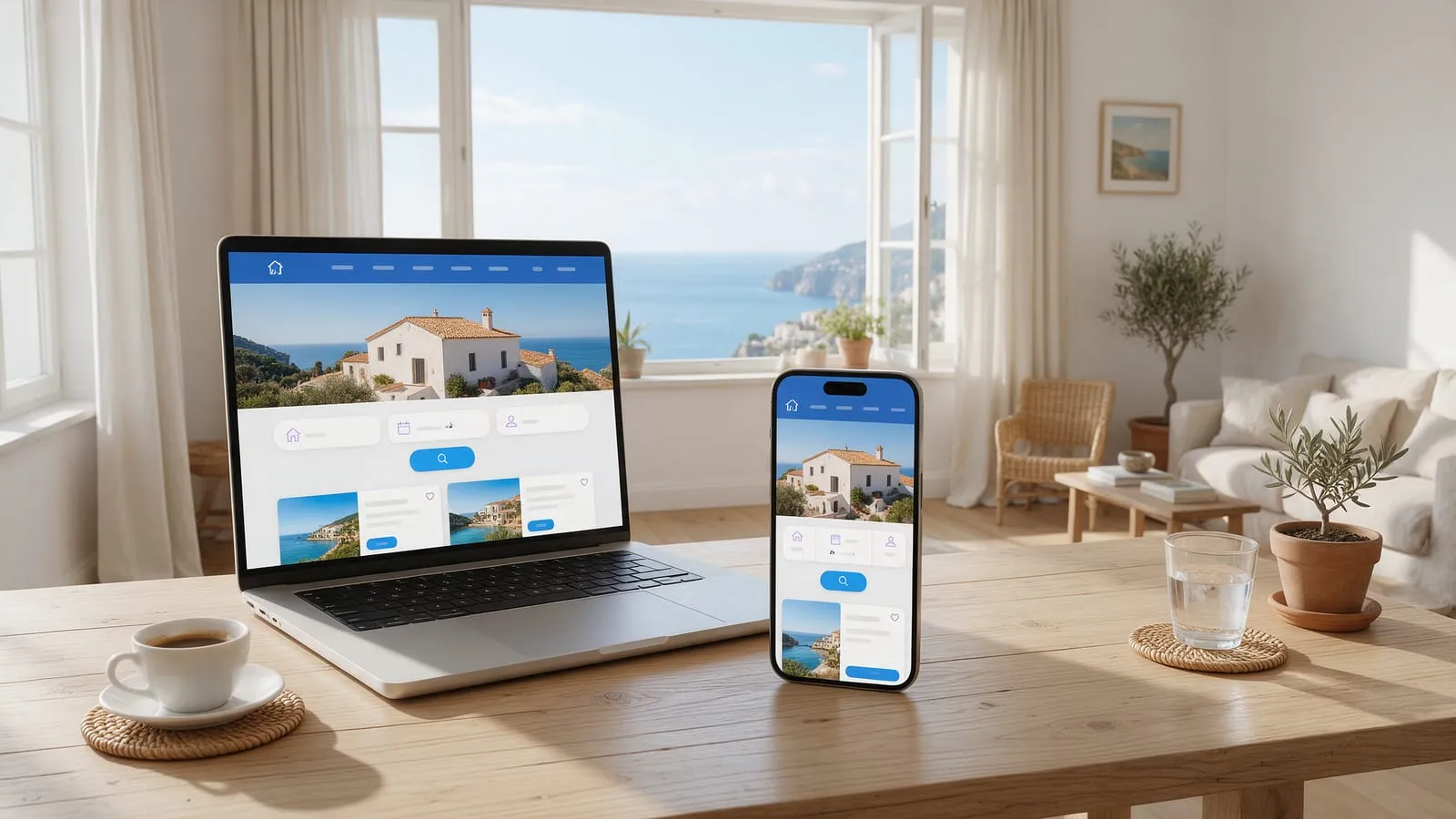 Sito di prenotazione di una casa vacanze su laptop e smartphone in un appartamento luminoso sul mare