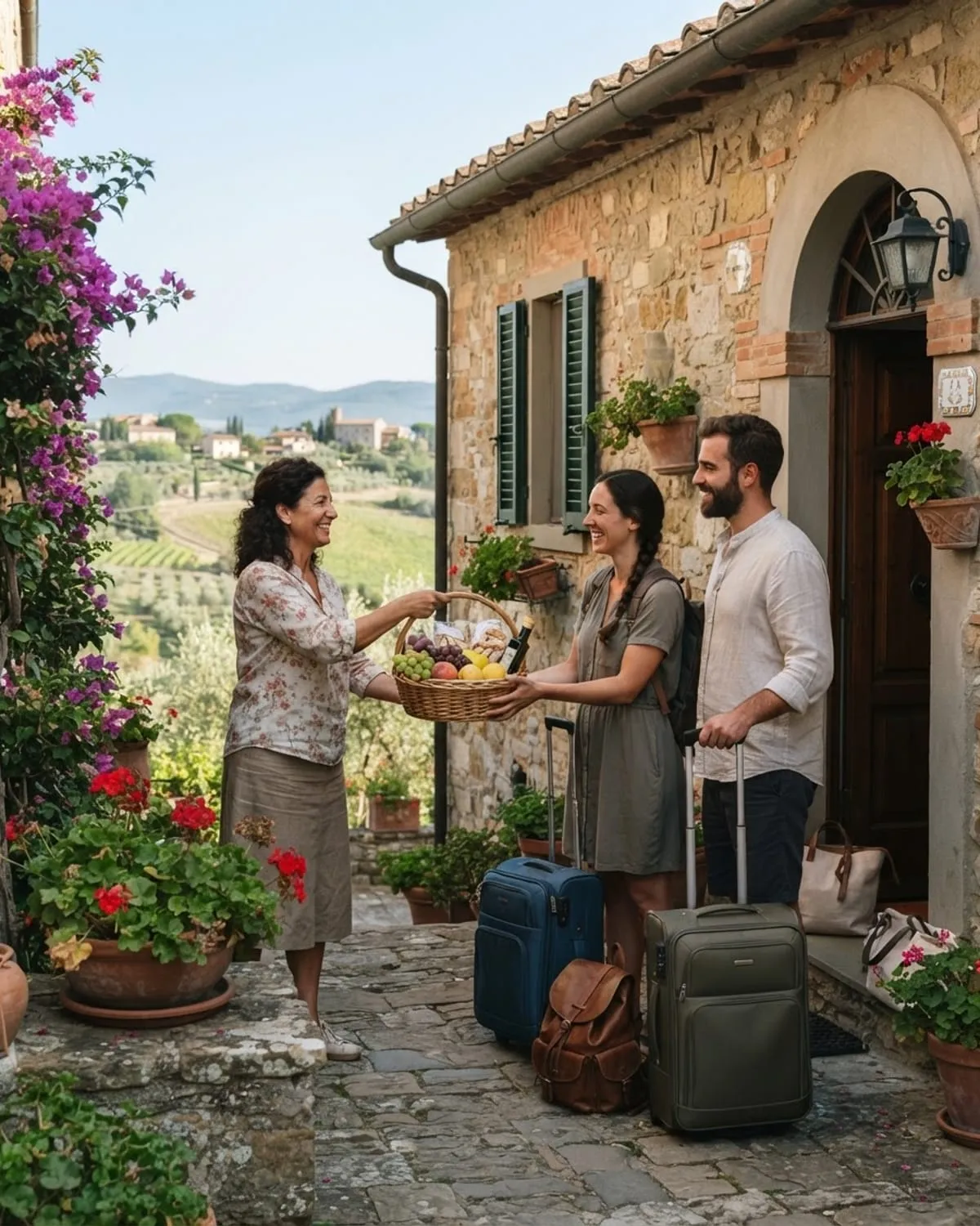 Padrona di casa consegna un cesto di benvenuto a due turisti con le valigie davanti a una casa in pietra