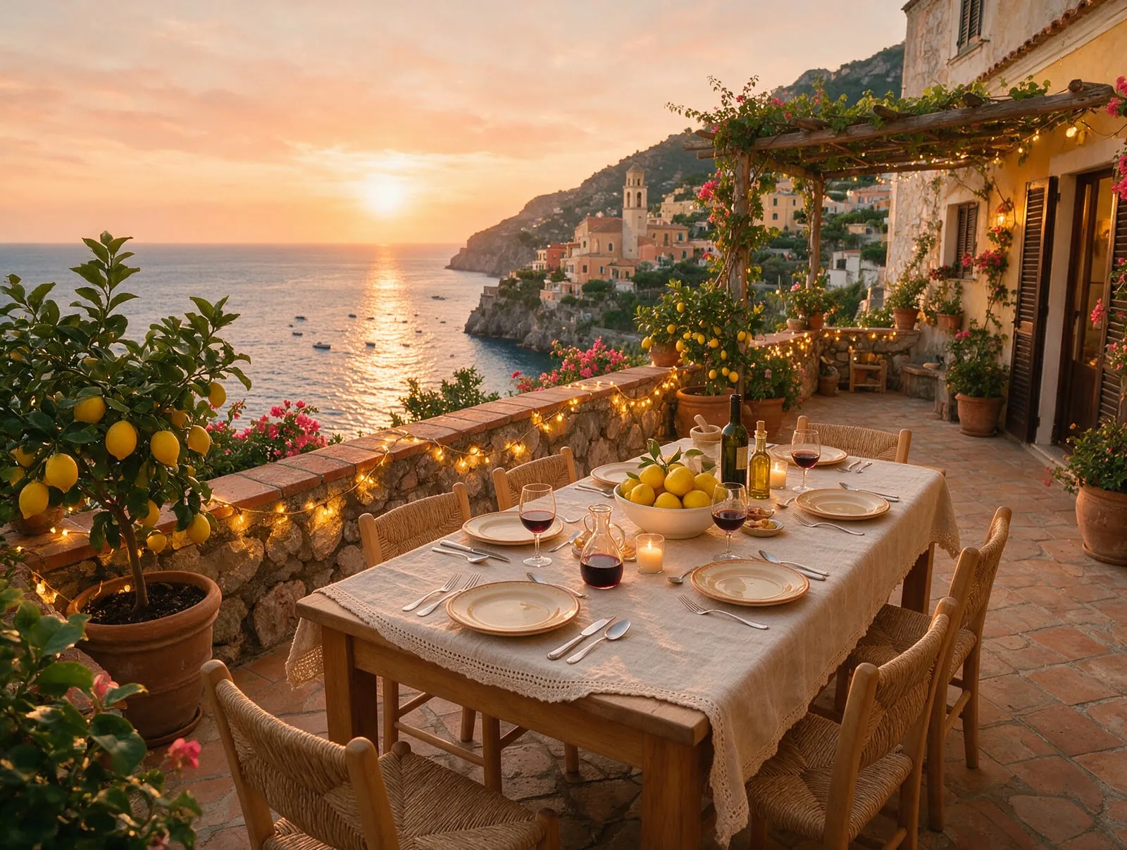 Terrazza in costiera con una tavola apparecchiata al tramonto