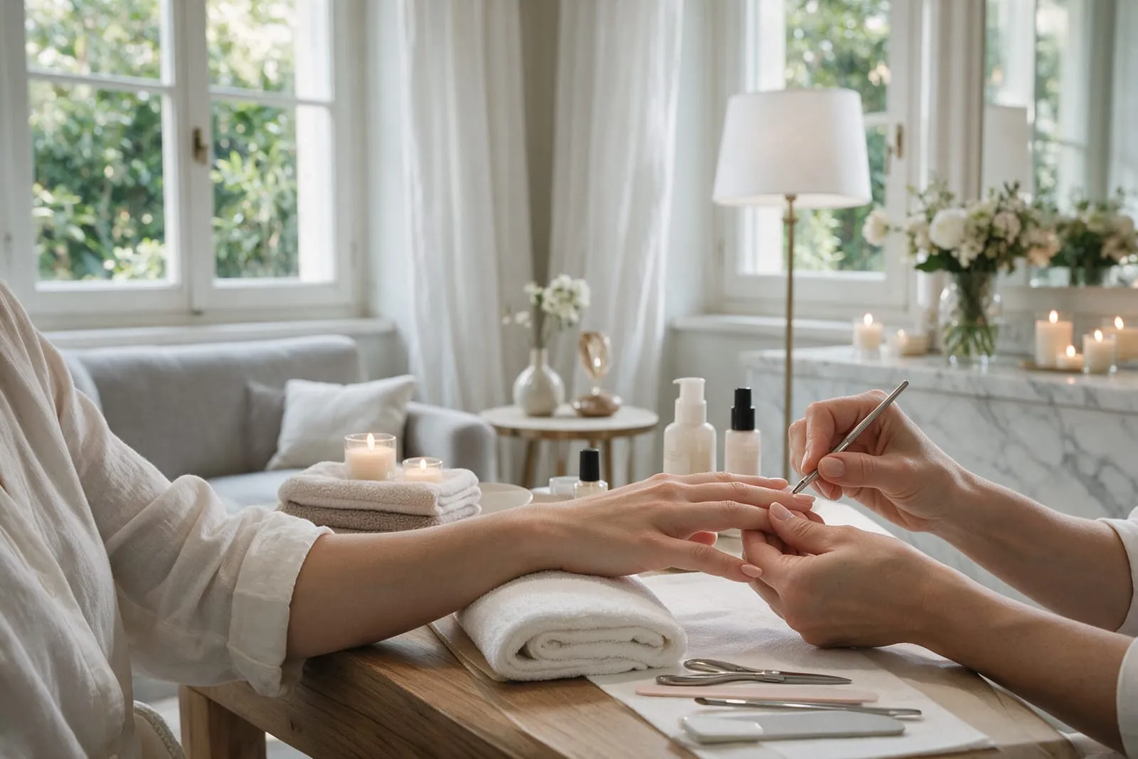 Cliente rilassata durante una manicure in un centro estetico, con candele e asciugamani sul tavolo