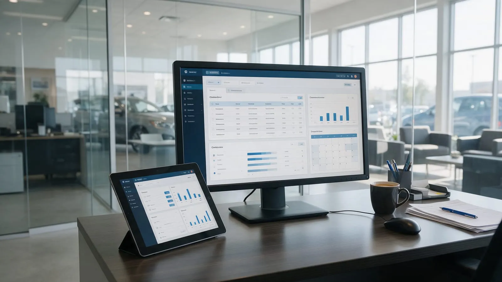 Monitor e tablet nella scrivania di una concessionaria con gestionale stock veicoli e grafici di vendita