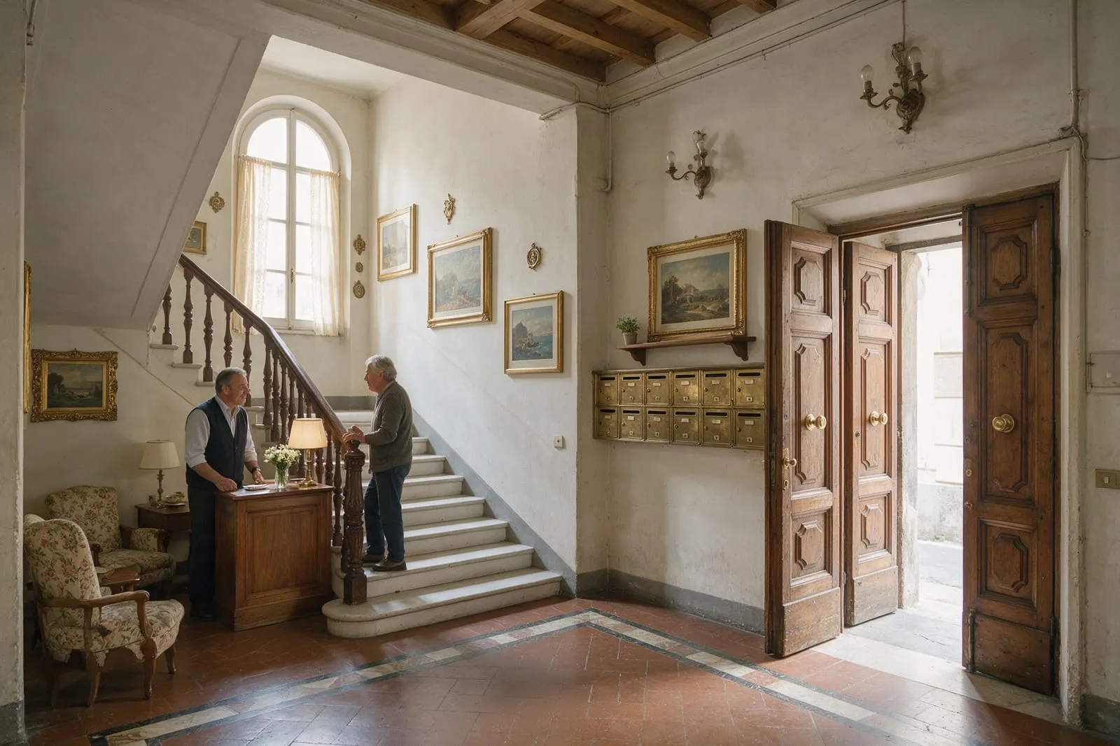 Androne e scala di un vecchio palazzo italiano con la fila di cassette postali, un condomino parla con il portiere