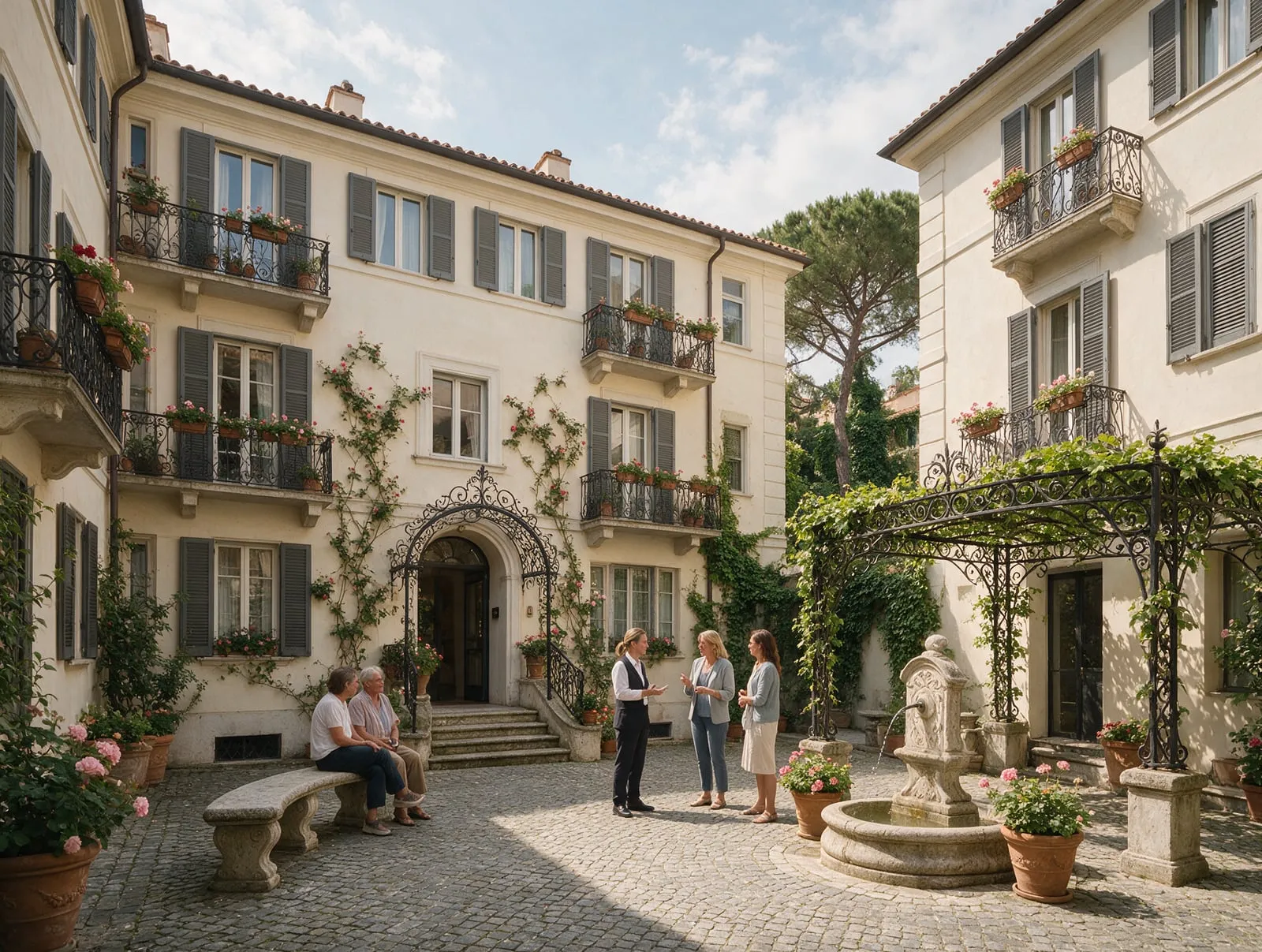Amministratore che parla con i condomini nel cortile del palazzo