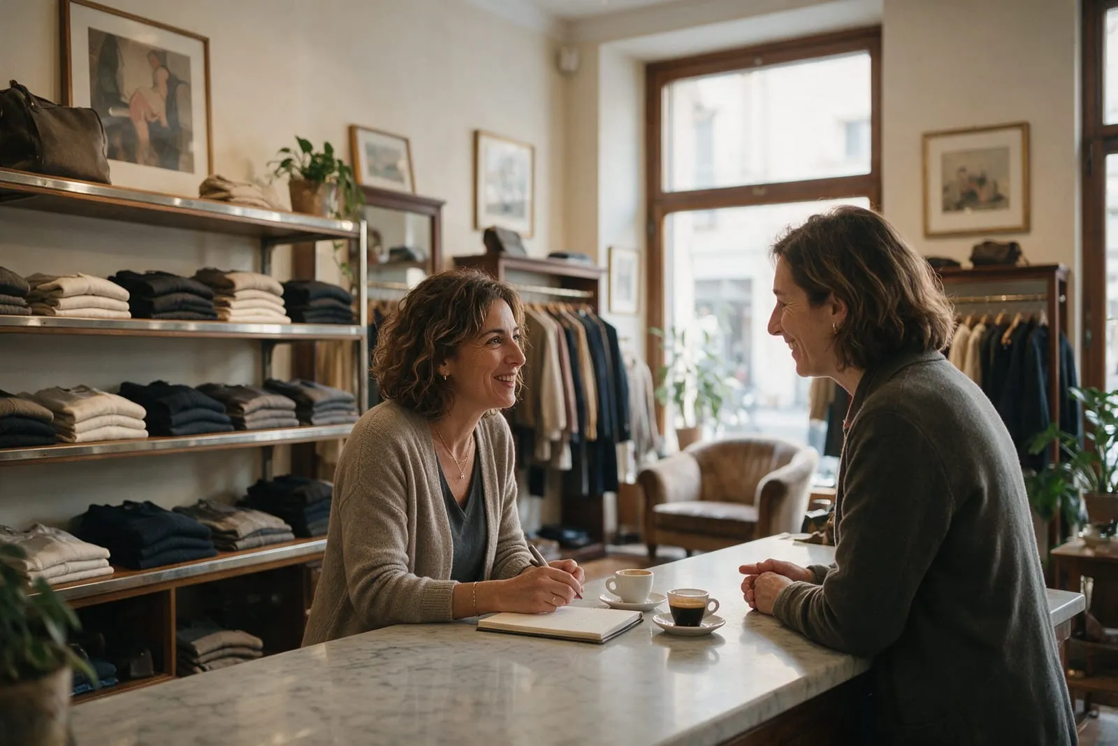 La titolare di una boutique parla con una cliente al bancone, con taccuino e due caffè tra loro