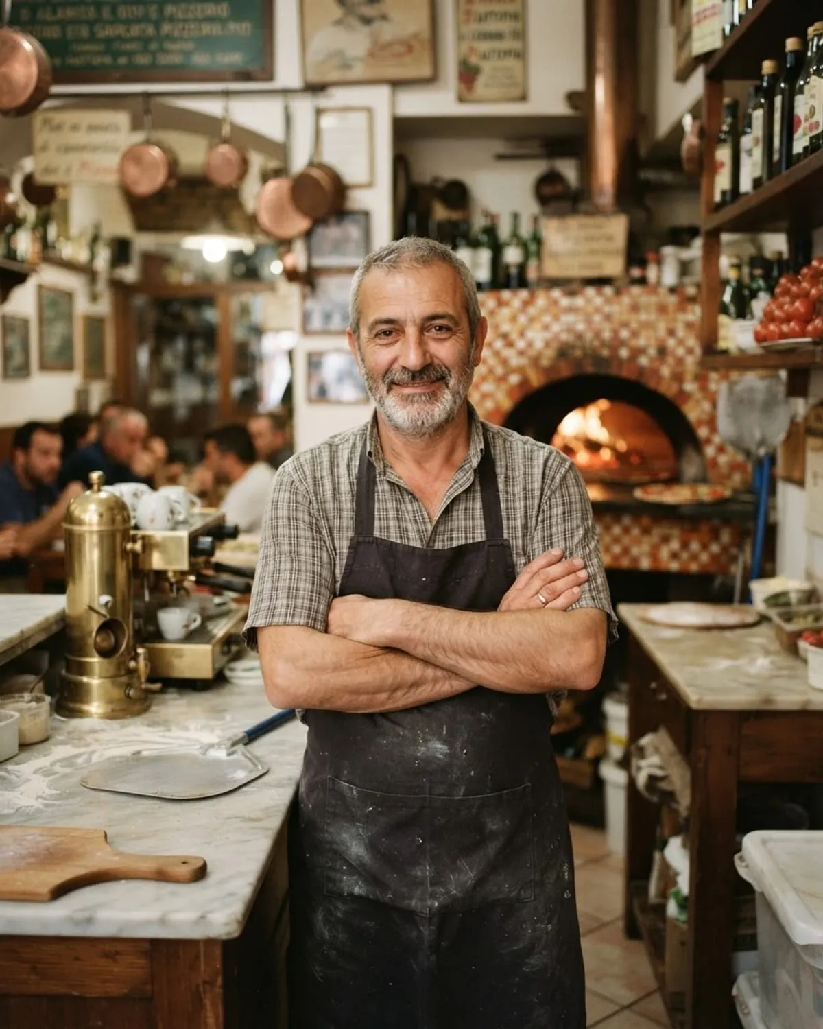 Il titolare di una pizzeria di famiglia con il grembiule e le braccia incrociate, davanti al forno a legna