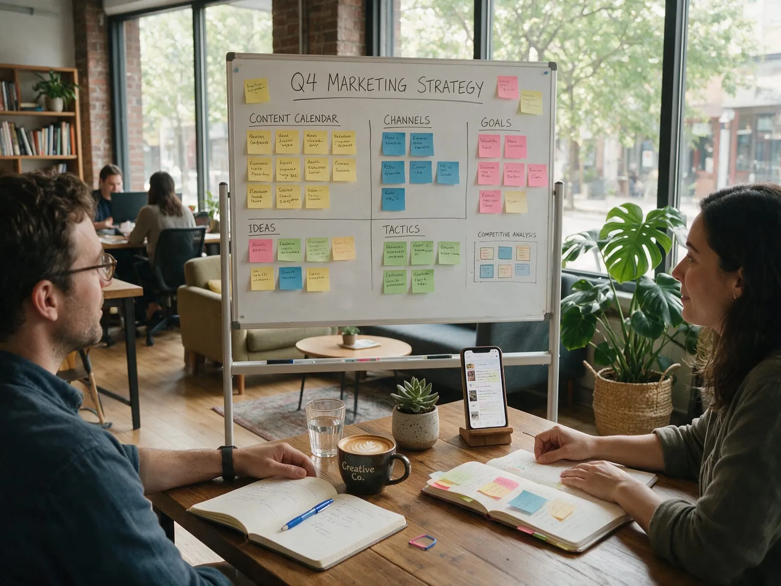 Due persone a un tavolo con post-it e un piano di lavoro su una lavagna