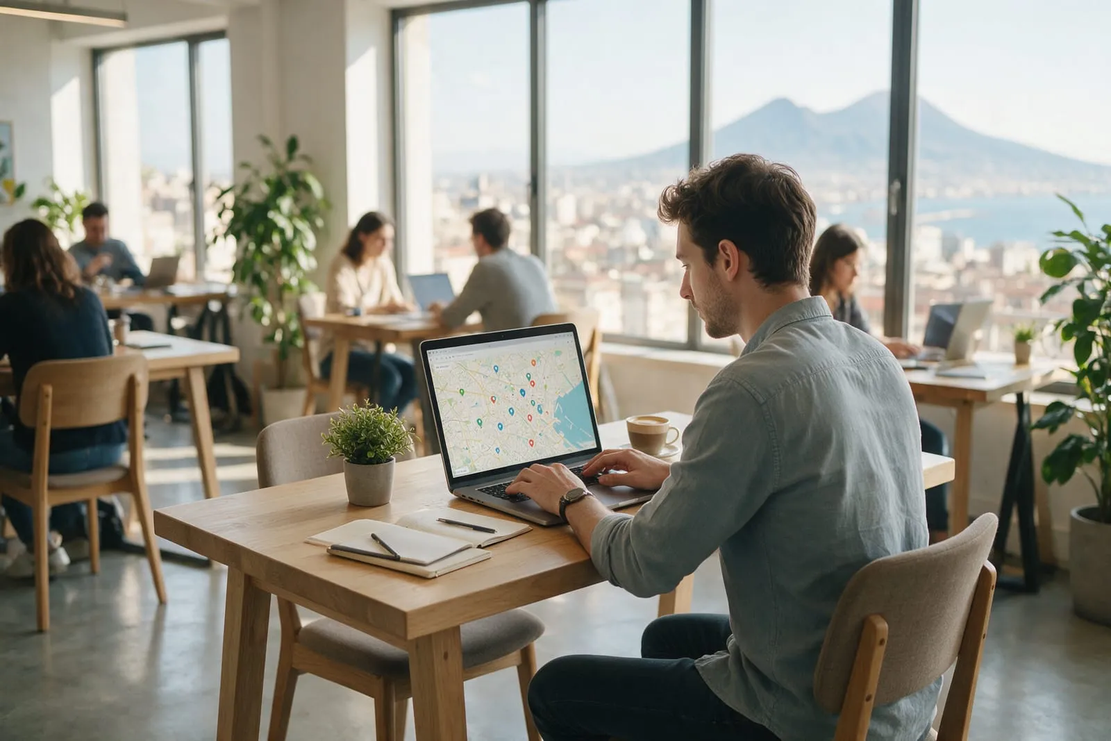 Un consulente SEO lavora al portatile con una mappa piena di segnaposto in un coworking luminoso di Napoli