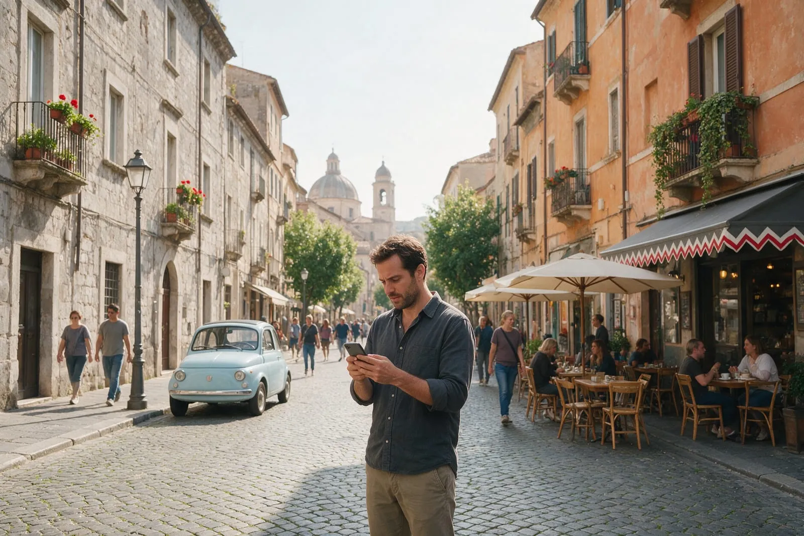 Un uomo in una strada cittadina italiana cerca un elettricista vicino a lui sullo smartphone
