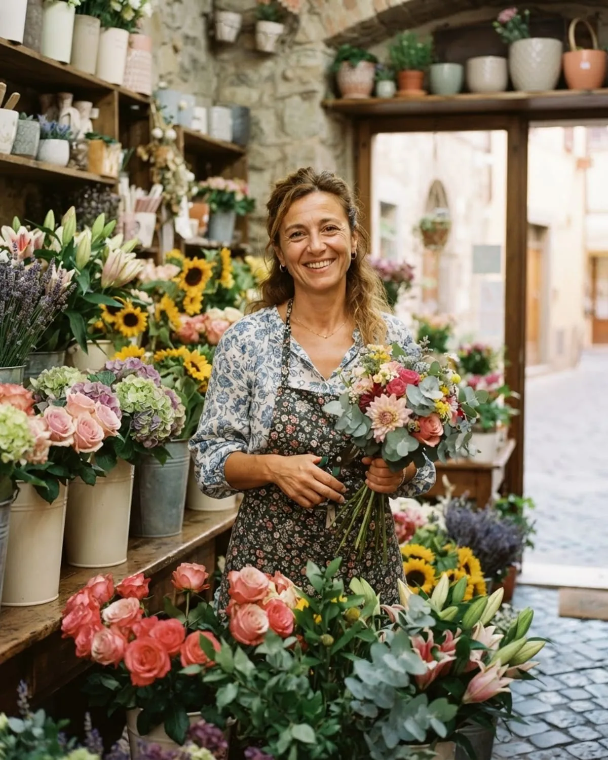 La titolare di una piccola fioreria del Sud Italia sorride con un mazzo di fiori tra i secchi di fiori freschi