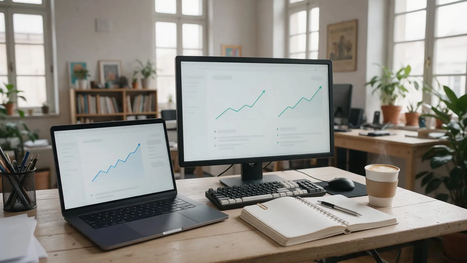 Un laptop e un monitor con grafici in crescita su una scrivania, con un quaderno e un caffè in un ufficio