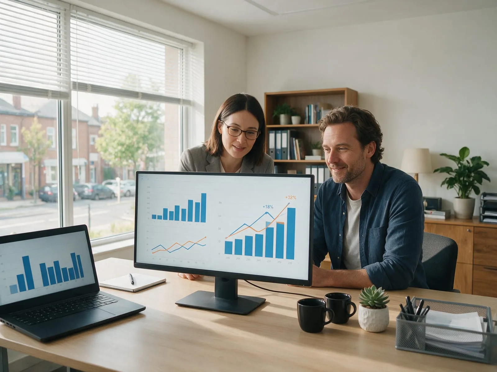Un consulente e la titolare di un'attività guardano insieme dei grafici sul monitor