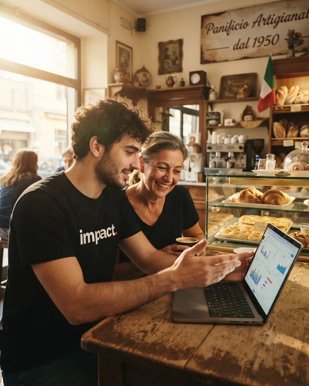 Un consulente con la maglietta di Impact mostra dei grafici sul portatile alla titolare di una panetteria