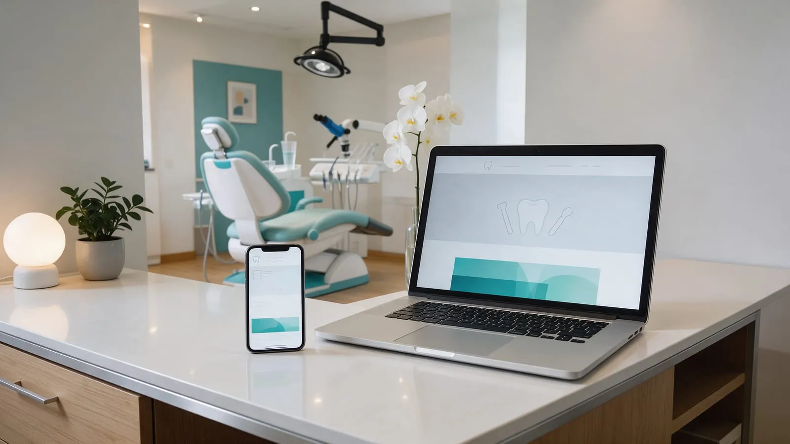 Sito di uno studio dentistico su laptop e smartphone sul bancone della reception, con la poltrona sullo sfondo