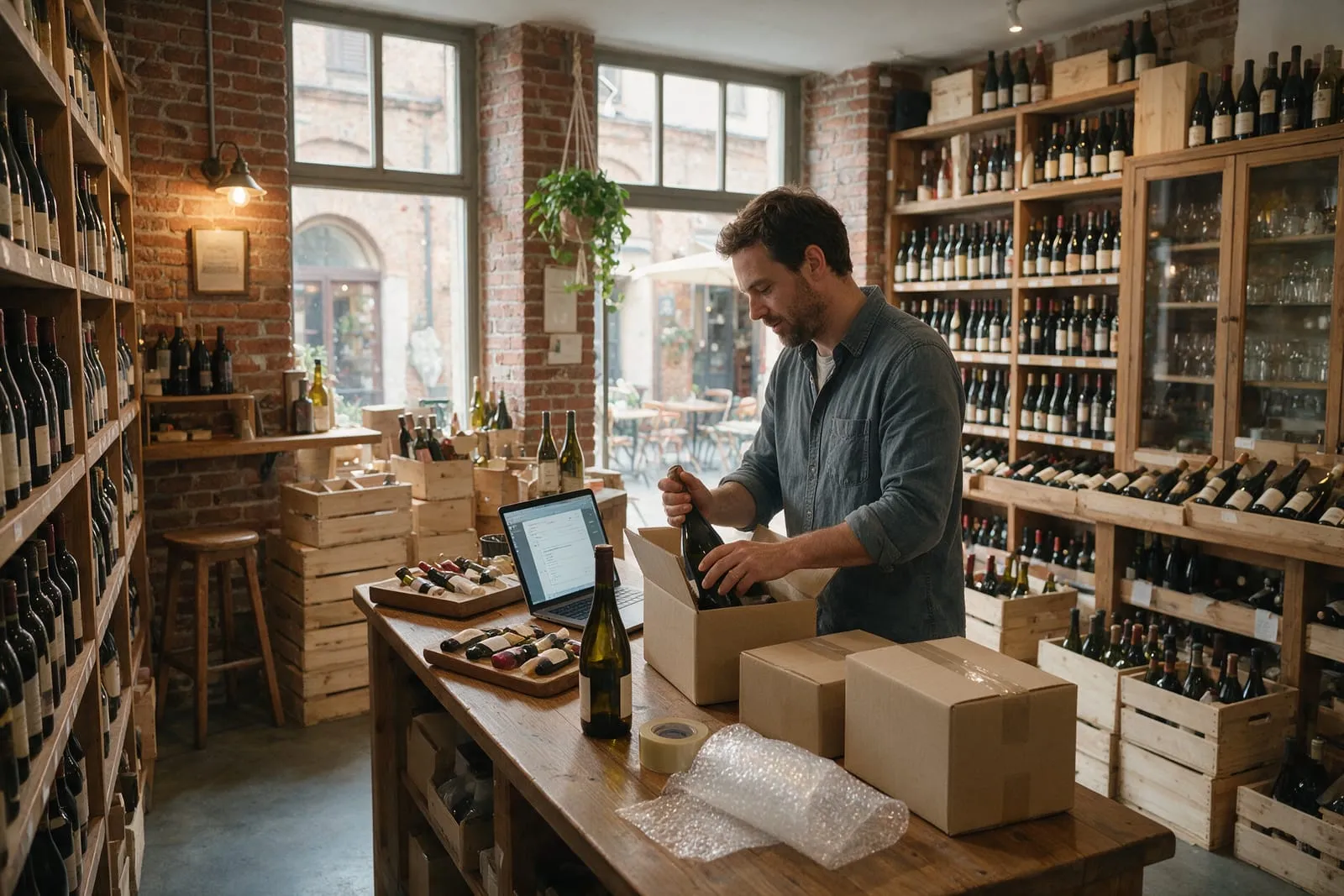 Il titolare di un'enoteca imballa bottiglie in scatole da spedire mentre controlla gli ordini sul portatile