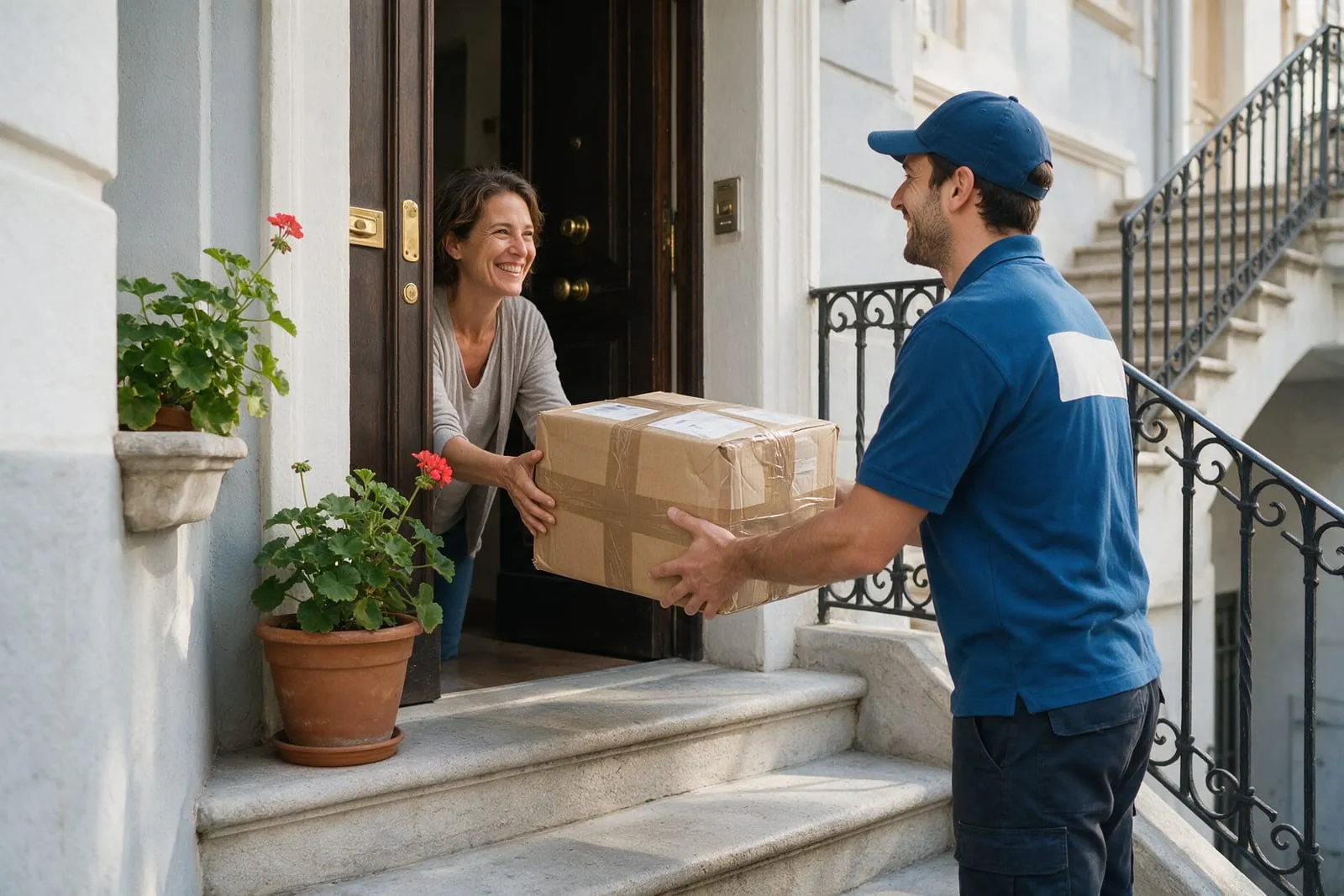 Corriere consegna un pacco a una cliente sorridente sulla porta di un appartamento italiano