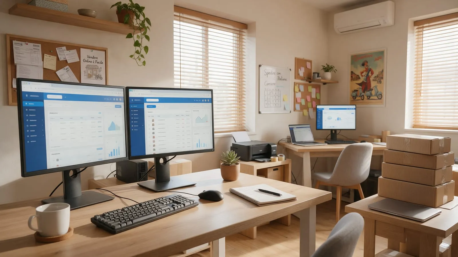 Due monitor e un portatile in un ufficio ecommerce con gestionale ordini, grafici vendite e pacchi accanto