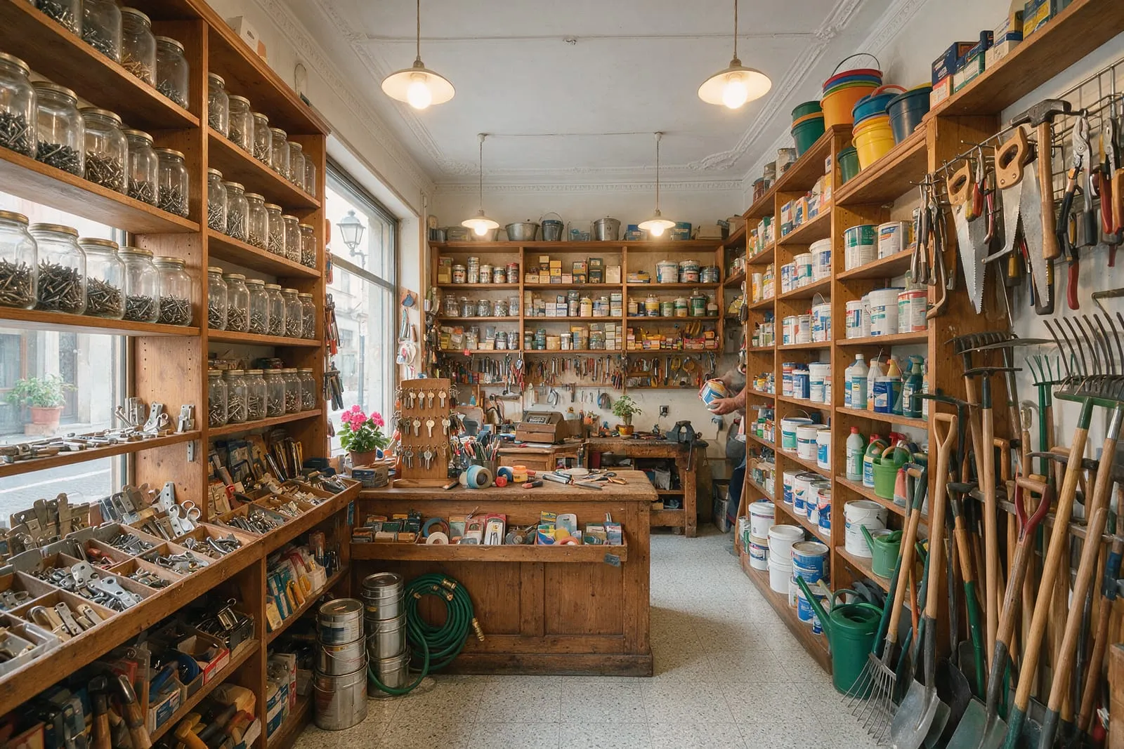 Scaffali di viti, chiodi, barattoli di vernice e attrezzi da giardino in una ferramenta tradizionale italiana