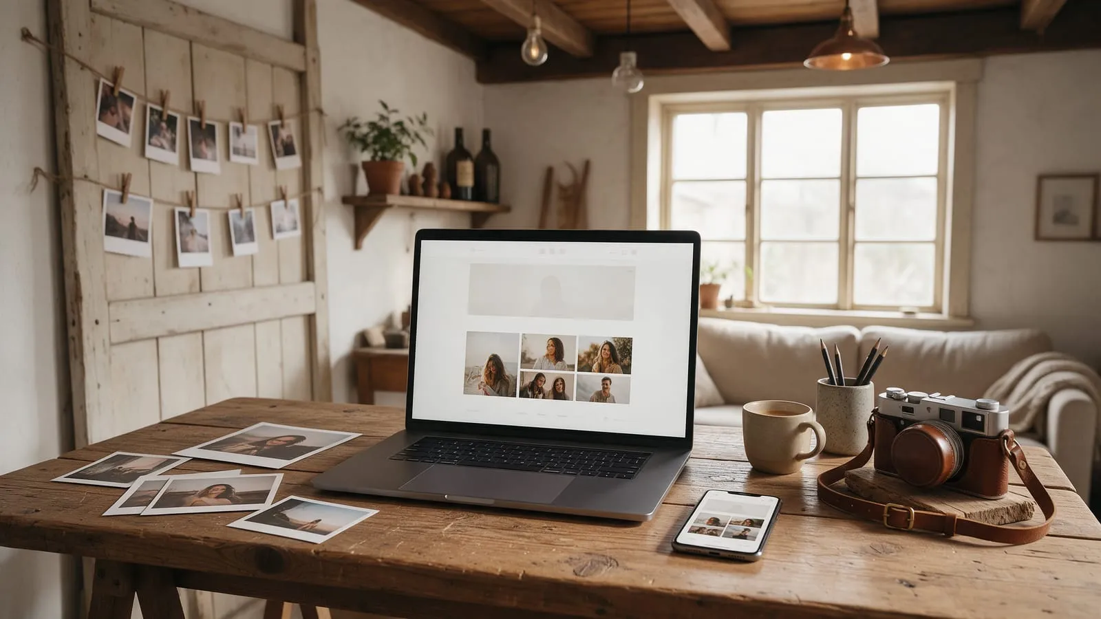 Portfolio di un fotografo su laptop e smartphone, accanto a stampe e a una macchina fotografica sul tavolo