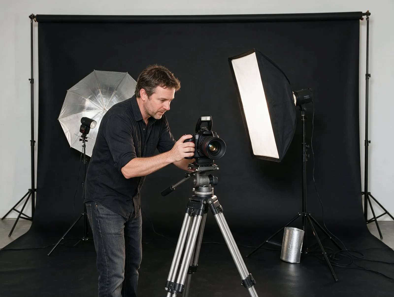 Fotografo che regola le luci softbox nel suo studio