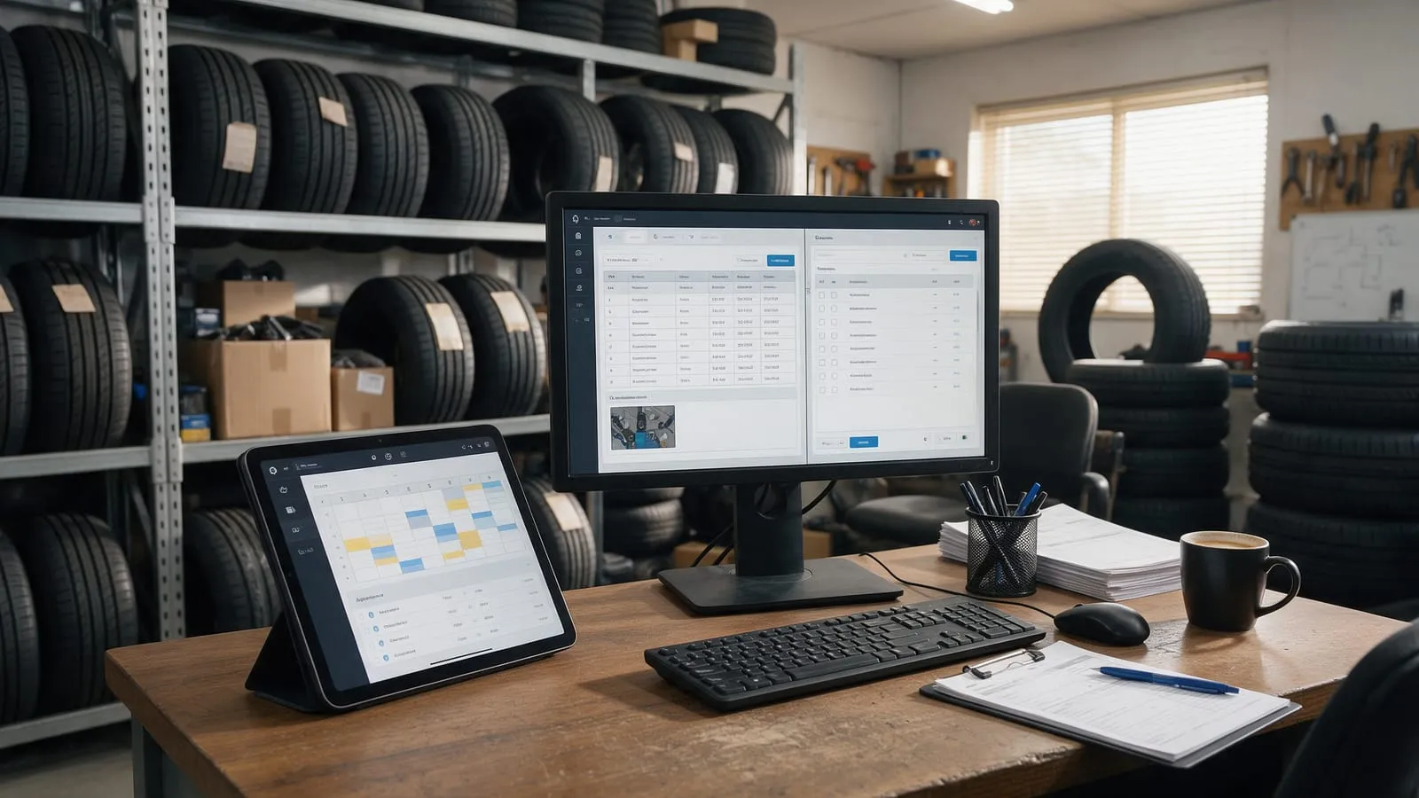 Tablet e monitor nell'ufficio di un gommista con gestionale appuntamenti e pneumatici in deposito, gomme impilate dietro