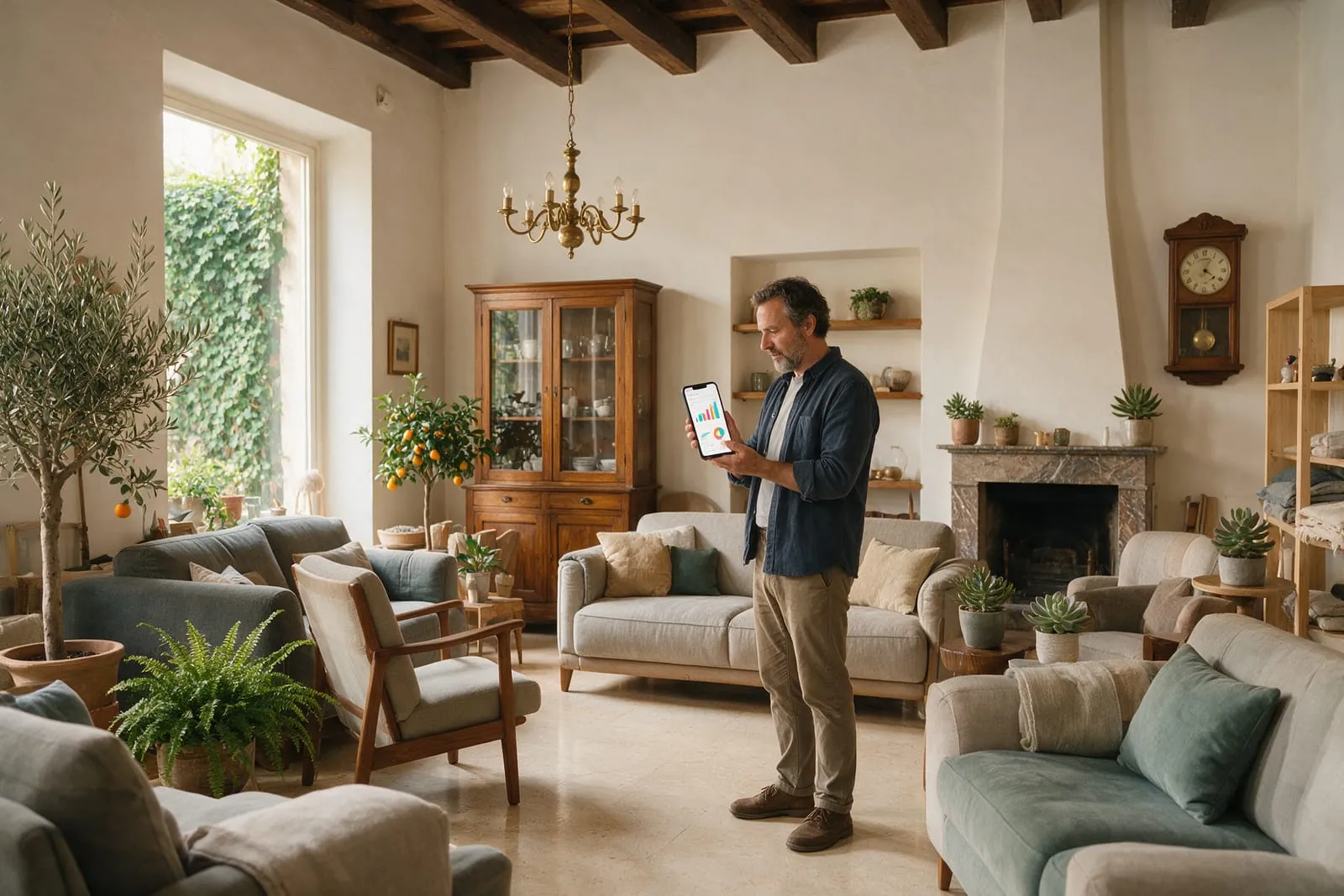 Il titolare di un negozio di arredamento controlla sullo smartphone i grafici delle campagne tra i divani dello showroom