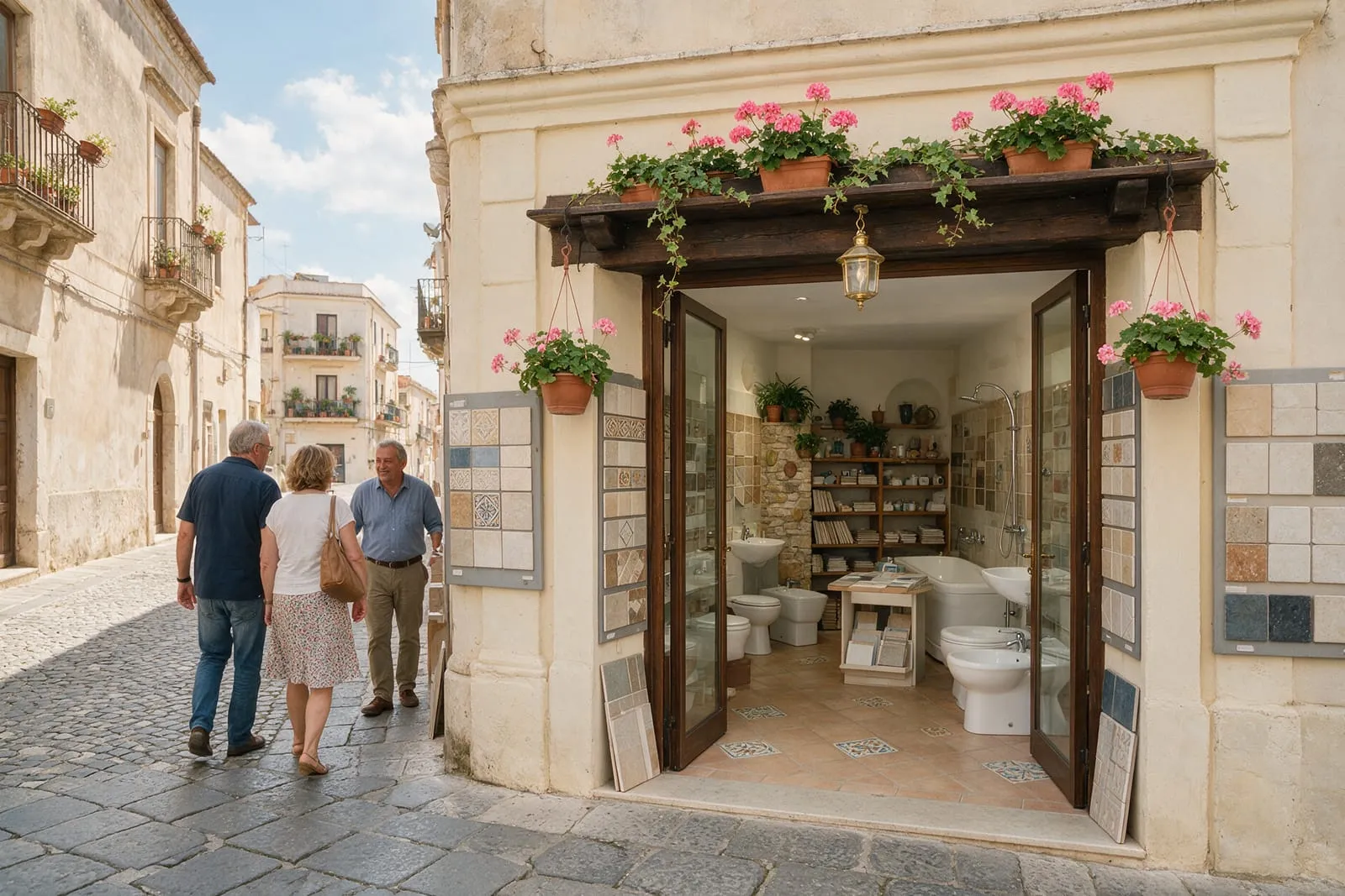 Una coppia entra in un piccolo showroom di piastrelle e sanitari in una via del Sud Italia, accolta dal titolare