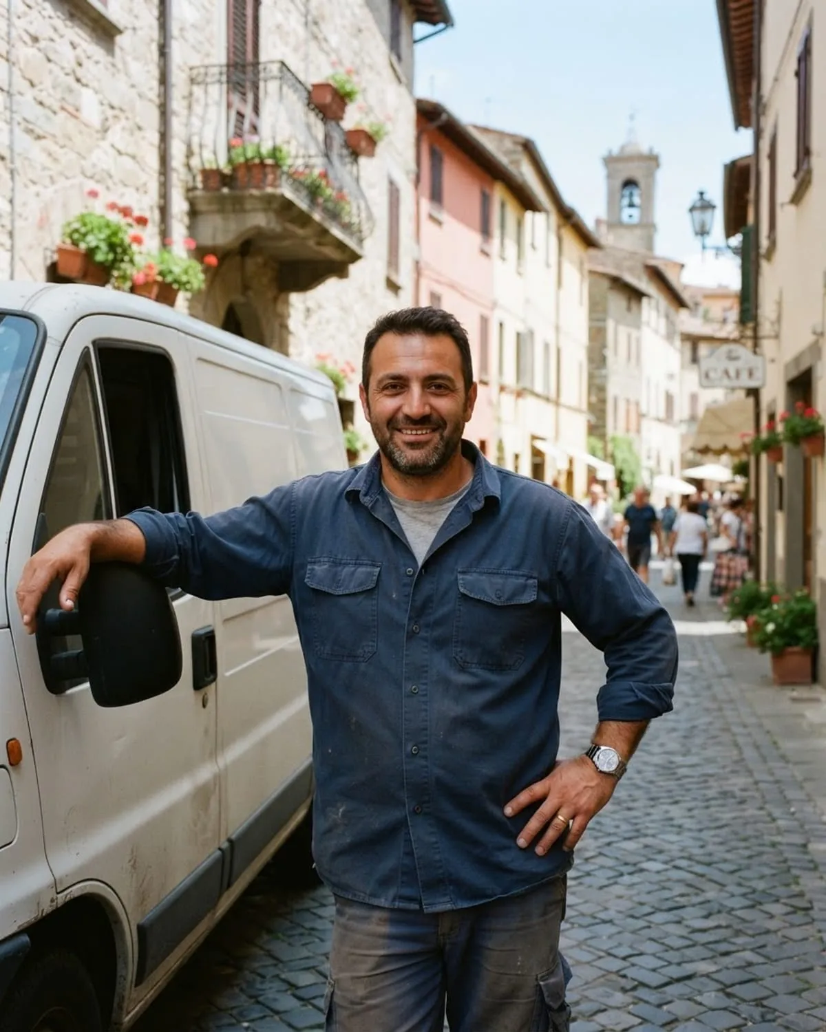 Un idraulico in camicia da lavoro appoggiato al suo furgone bianco in una stradina di un paese italiano