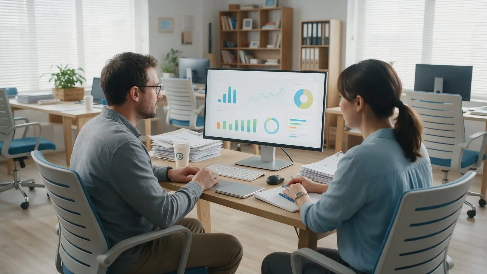 Due colleghi in un ufficio riguardano insieme su un grande monitor un cruscotto con grafici a barre e a linee