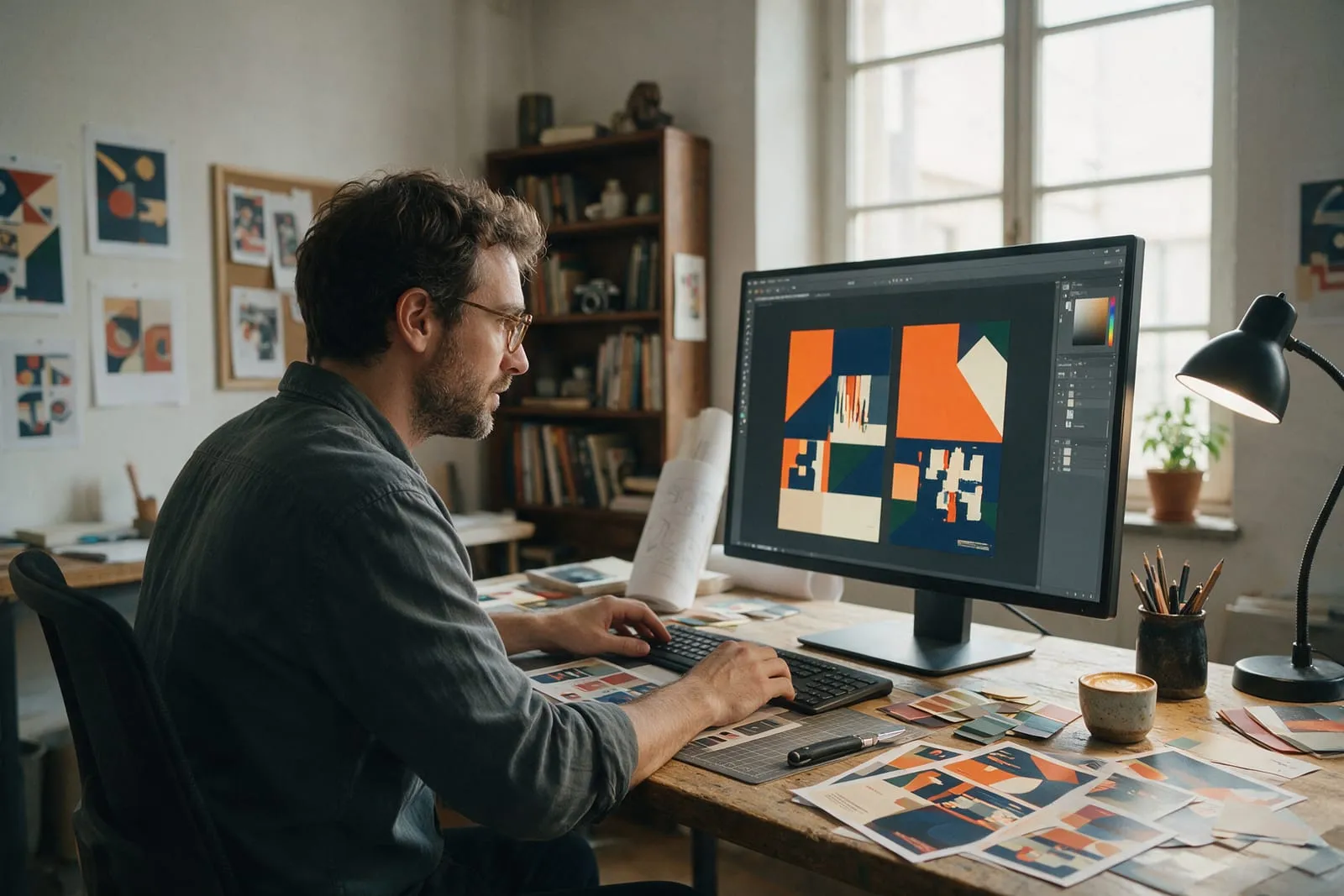 Un grafico impagina un volantino sul monitor in un piccolo studio, con bozze stampate e campioni colore sul tavolo