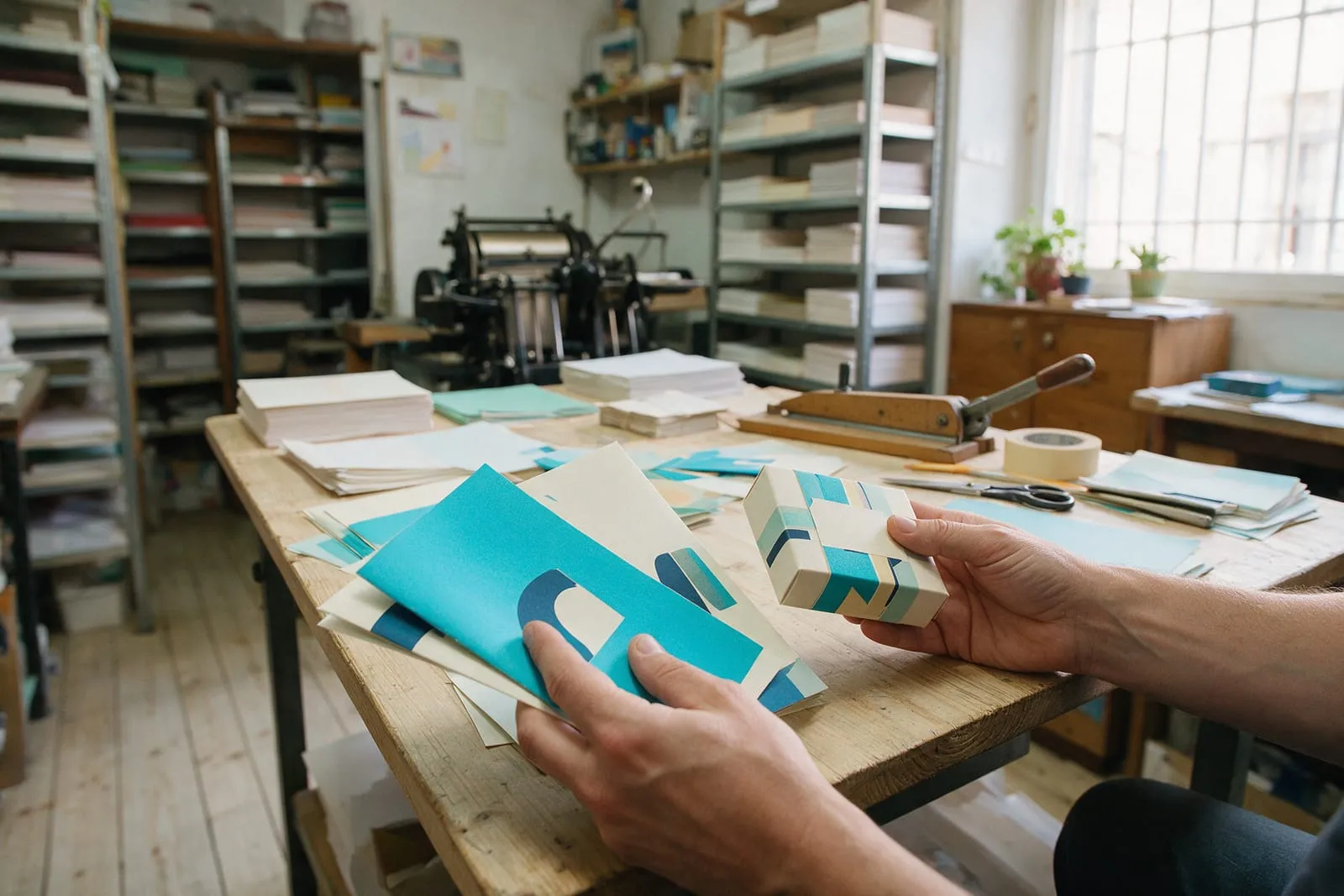 Mani che reggono brochure appena stampate e una scatola di packaging in una piccola tipografia italiana