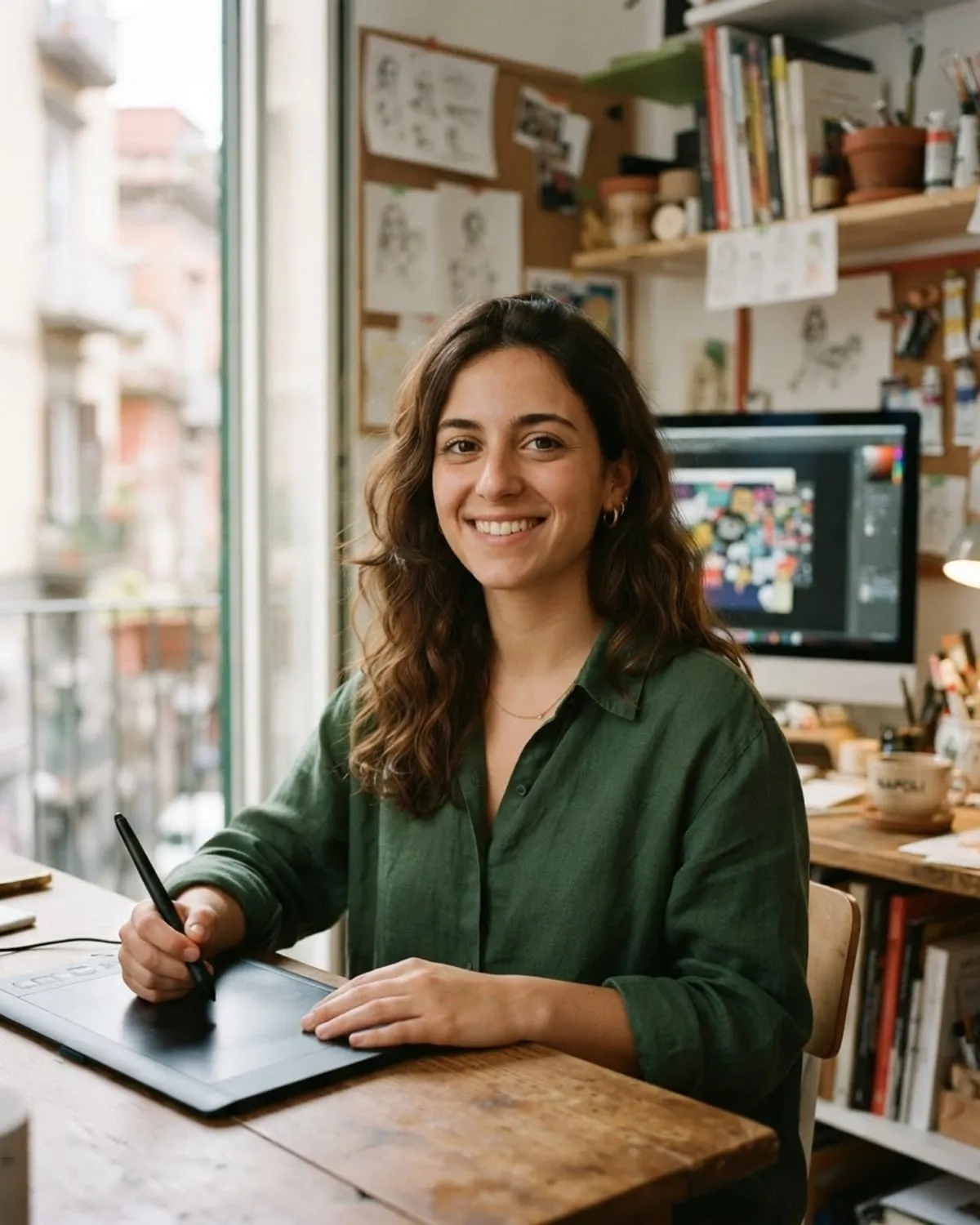 Una giovane grafica sorride alla scrivania con la penna digitale in mano, nel suo piccolo studio di Napoli