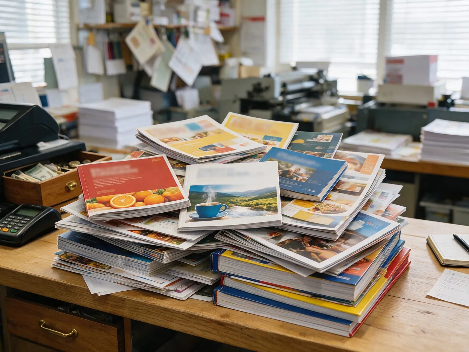 Brochure, cataloghi e volantini stampati appena consegnati, su un bancone
