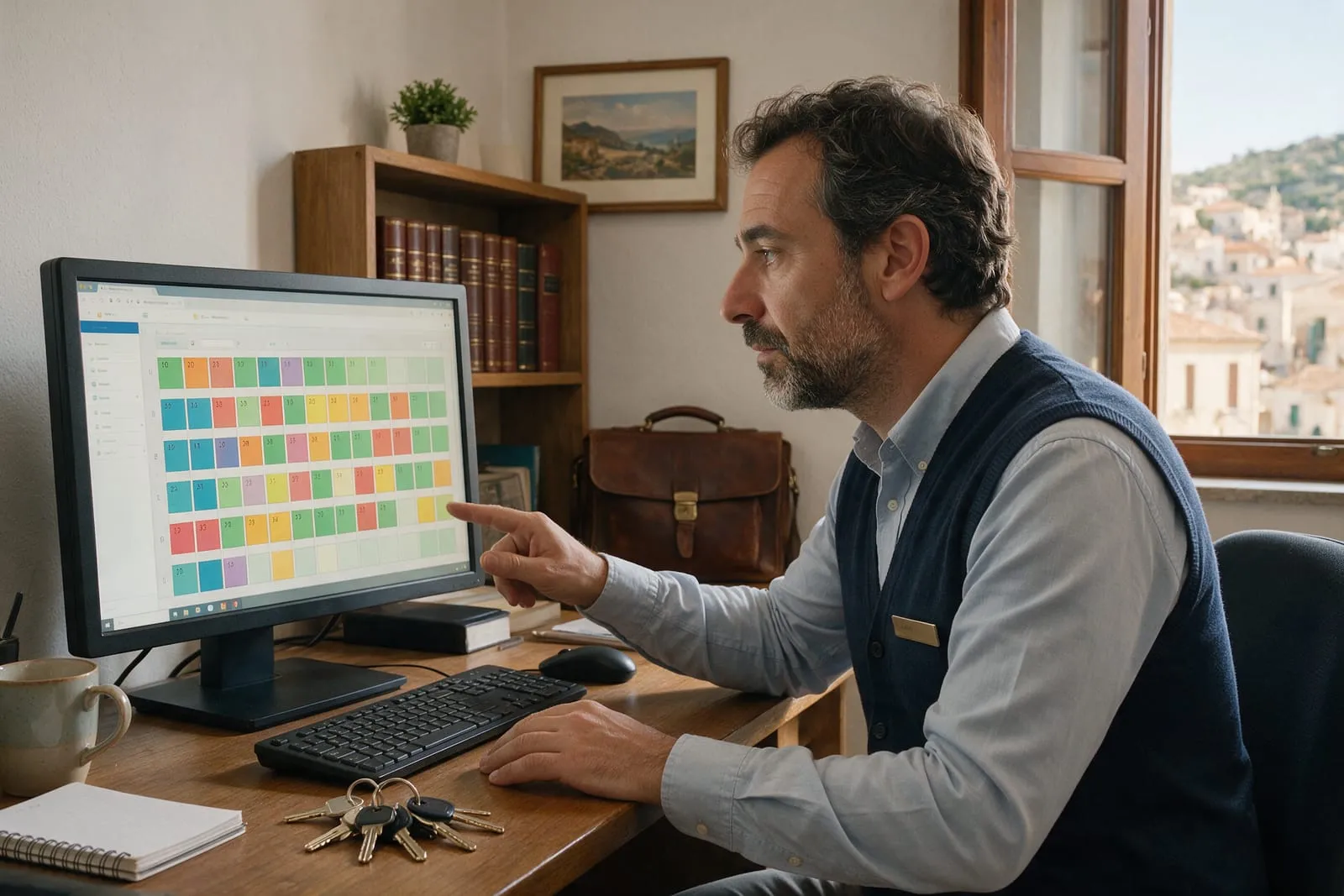 Direttore di un piccolo hotel controlla l'occupazione delle camere sul PC nell'ufficio, con le chiavi sulla scrivania