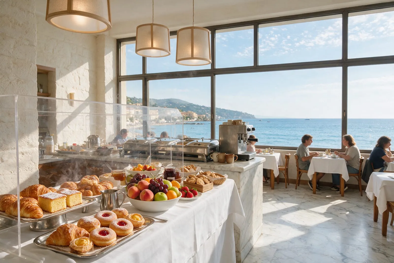 Sala colazione di un hotel con vassoi di dolci e frutta e grandi vetrate sul mare