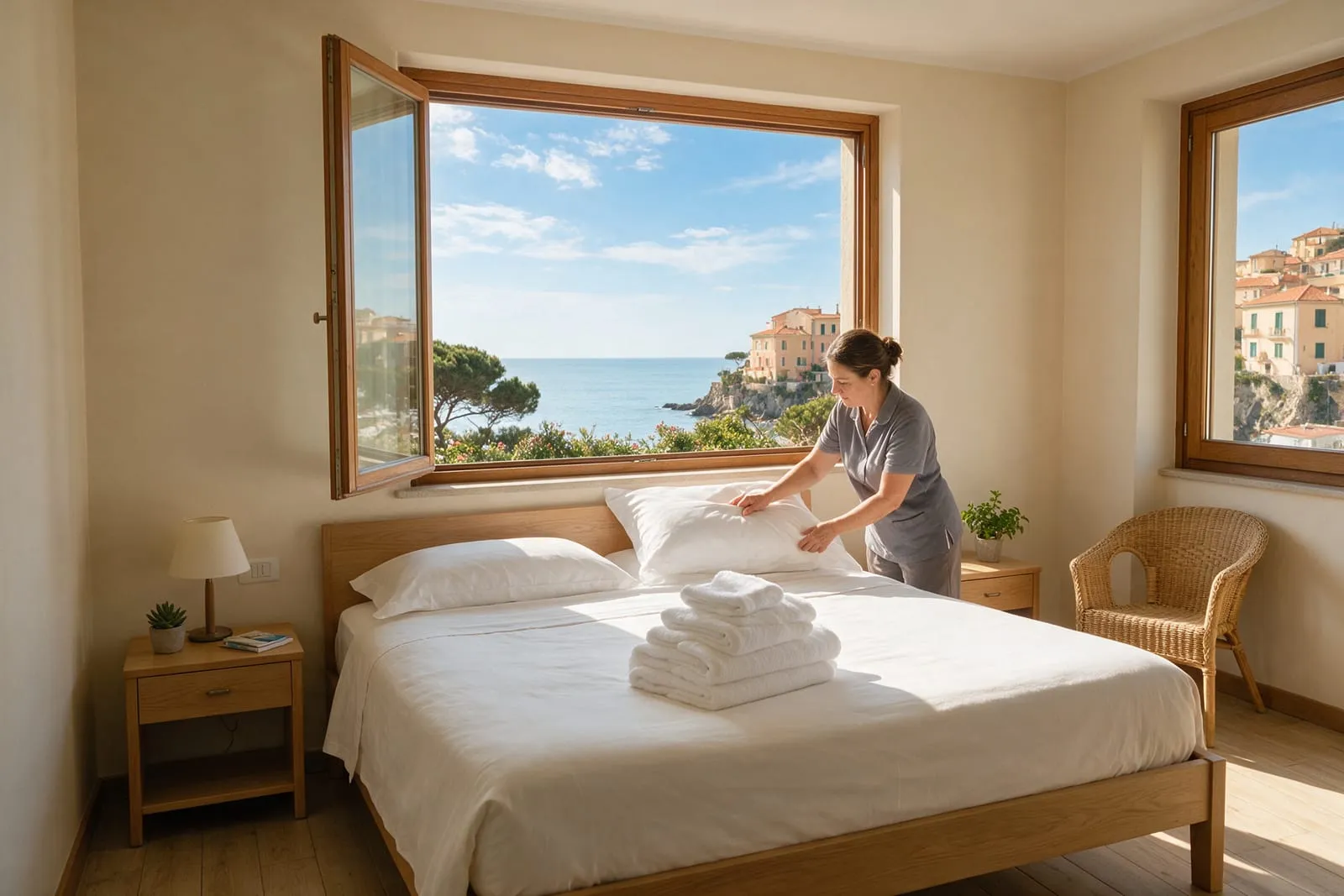 Camera ordinata di un piccolo hotel italiano con asciugamani piegati, una cameriera sistema il cuscino davanti alla finestra sul mare
