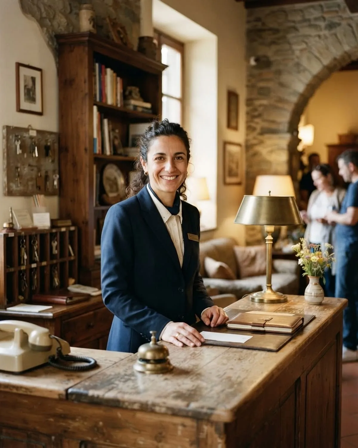 Receptionist in divisa al banco di un piccolo hotel a conduzione familiare, con la campanella davanti
