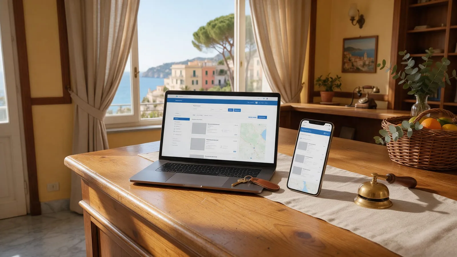 Sito di prenotazione di un hotel su laptop e smartphone sul bancone della reception, con la campanella accanto