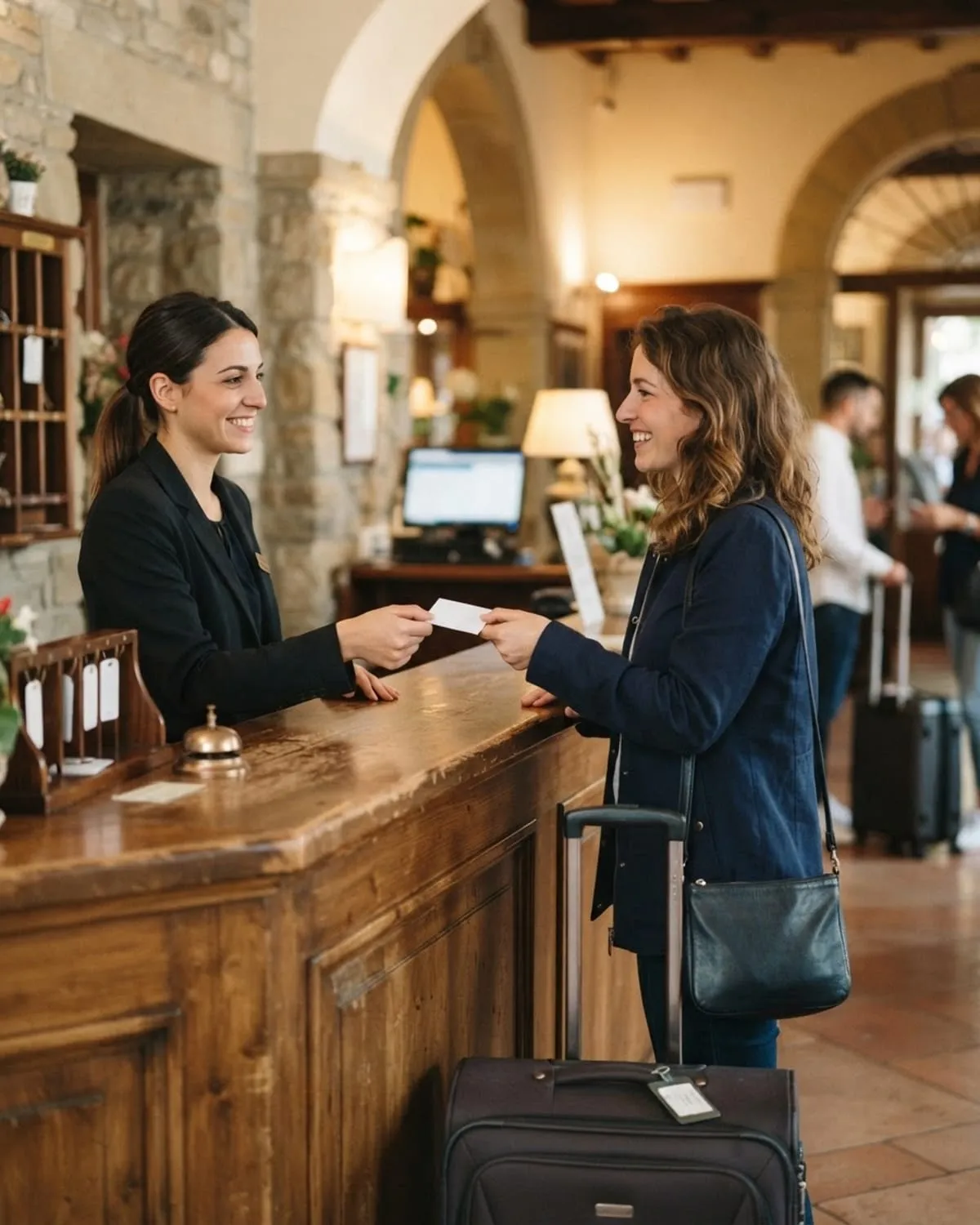 Receptionist che accoglie un'ospite con la valigia al banco di un hotel italiano e le consegna la chiave