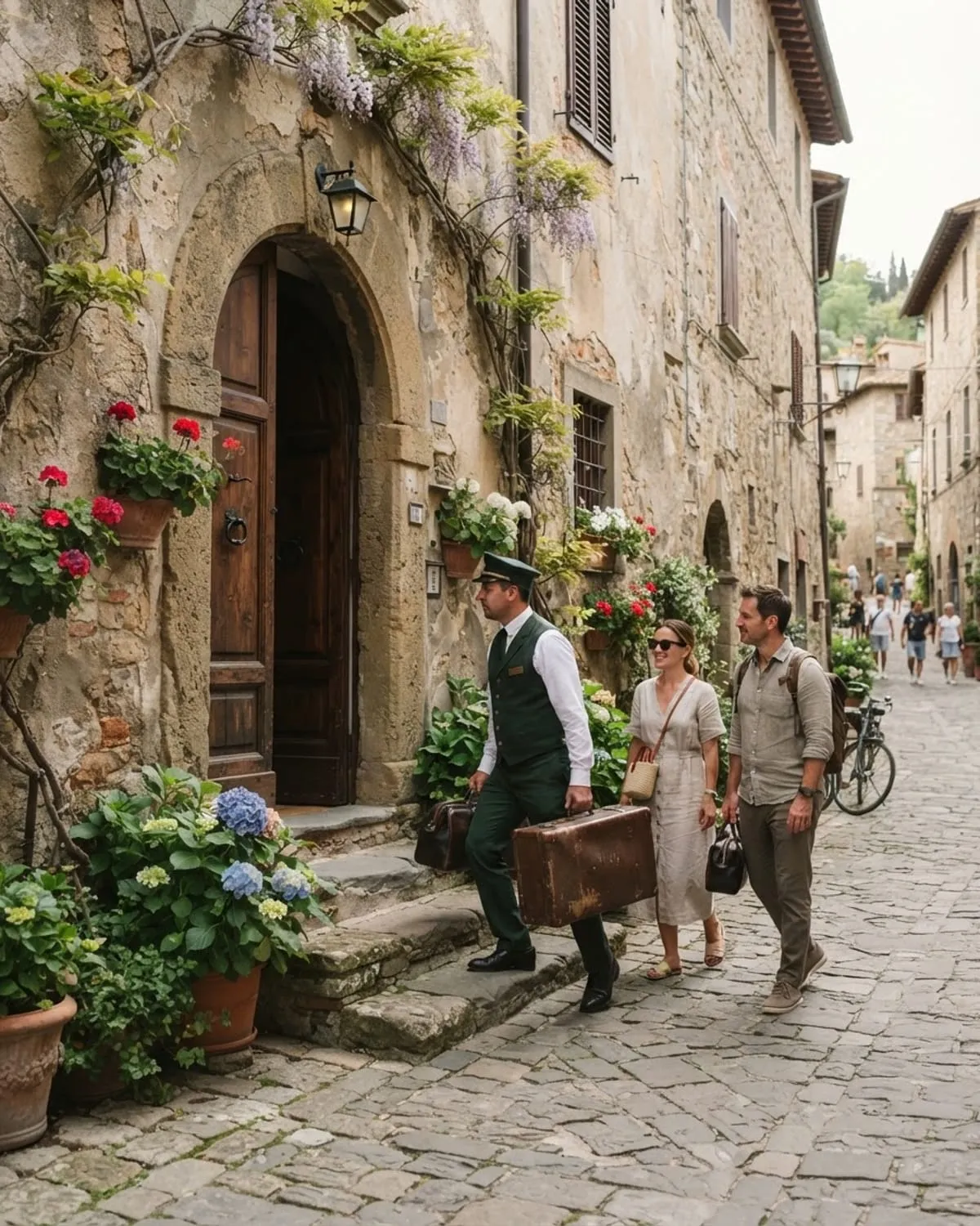 Facchino accompagna due ospiti con le valigie verso l'ingresso in pietra di un piccolo hotel