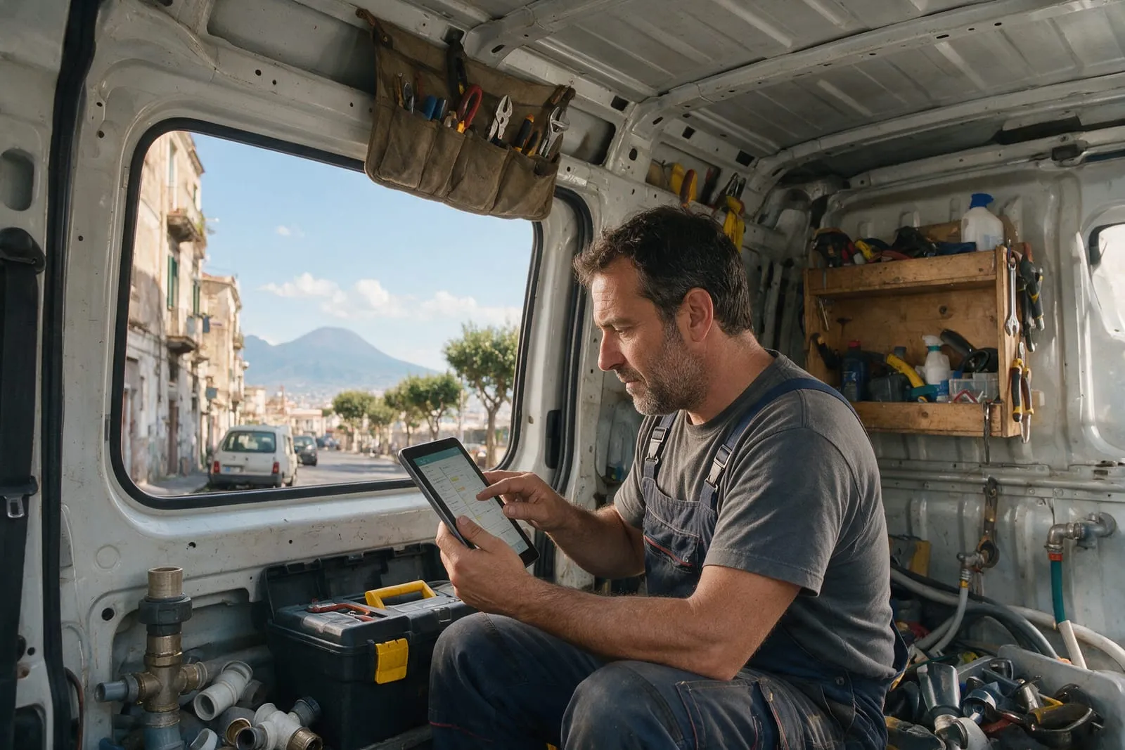 Idraulico seduto nel furgone a Napoli controlla gli interventi della giornata sul tablet