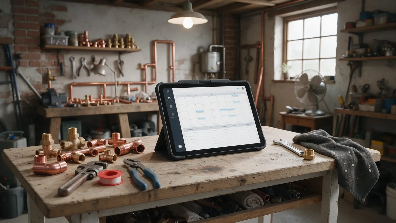 Tablet con calendario degli interventi su un banco da lavoro con raccordi in rame e chiavi inglesi
